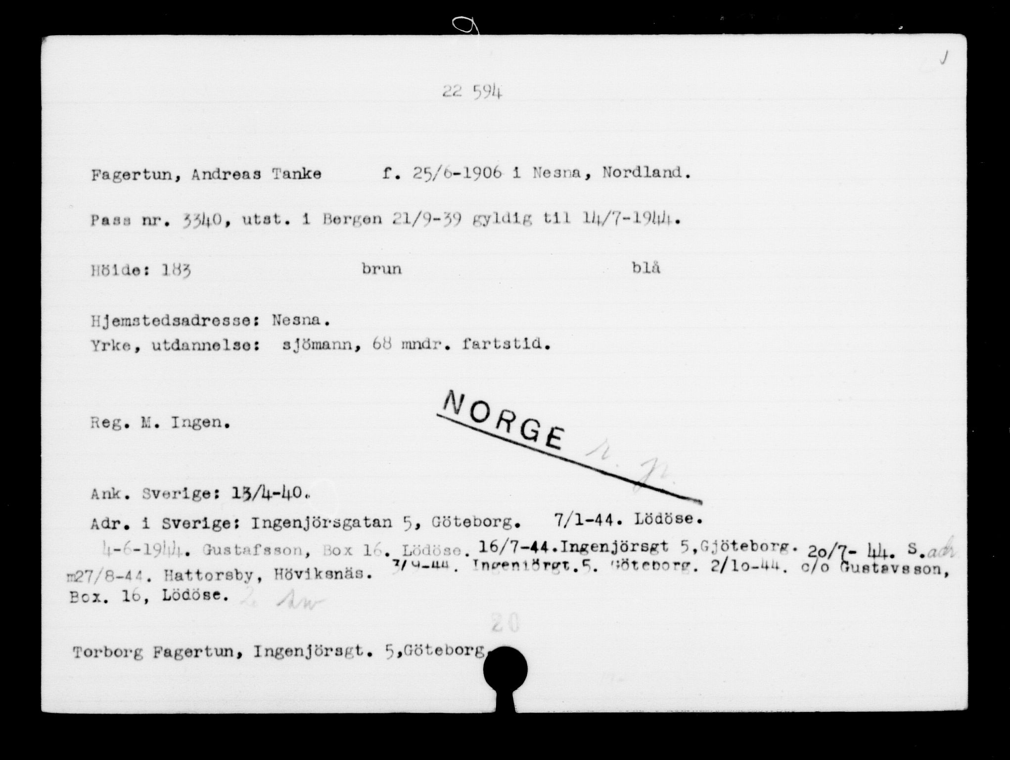 Den Kgl. Norske Legasjons Flyktningskontor, RA/S-6753/V/Va/L0010: Kjesäterkartoteket.  Flyktningenr. 22000-25314, 1940-1945, p. 654