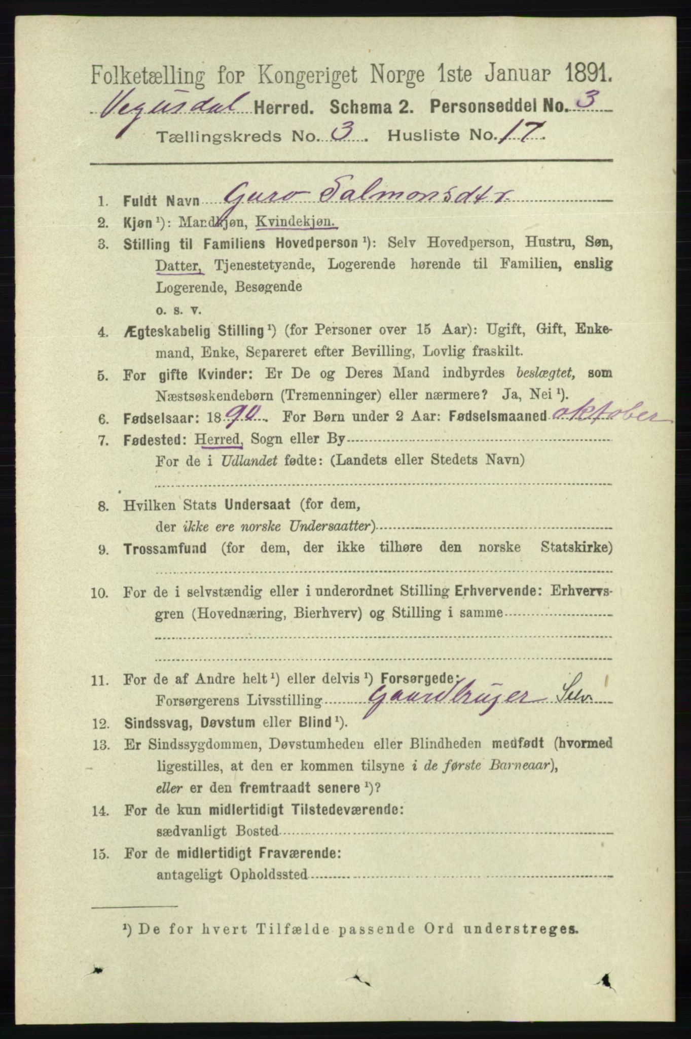 RA, 1891 census for 0934 Vegusdal, 1891, p. 682