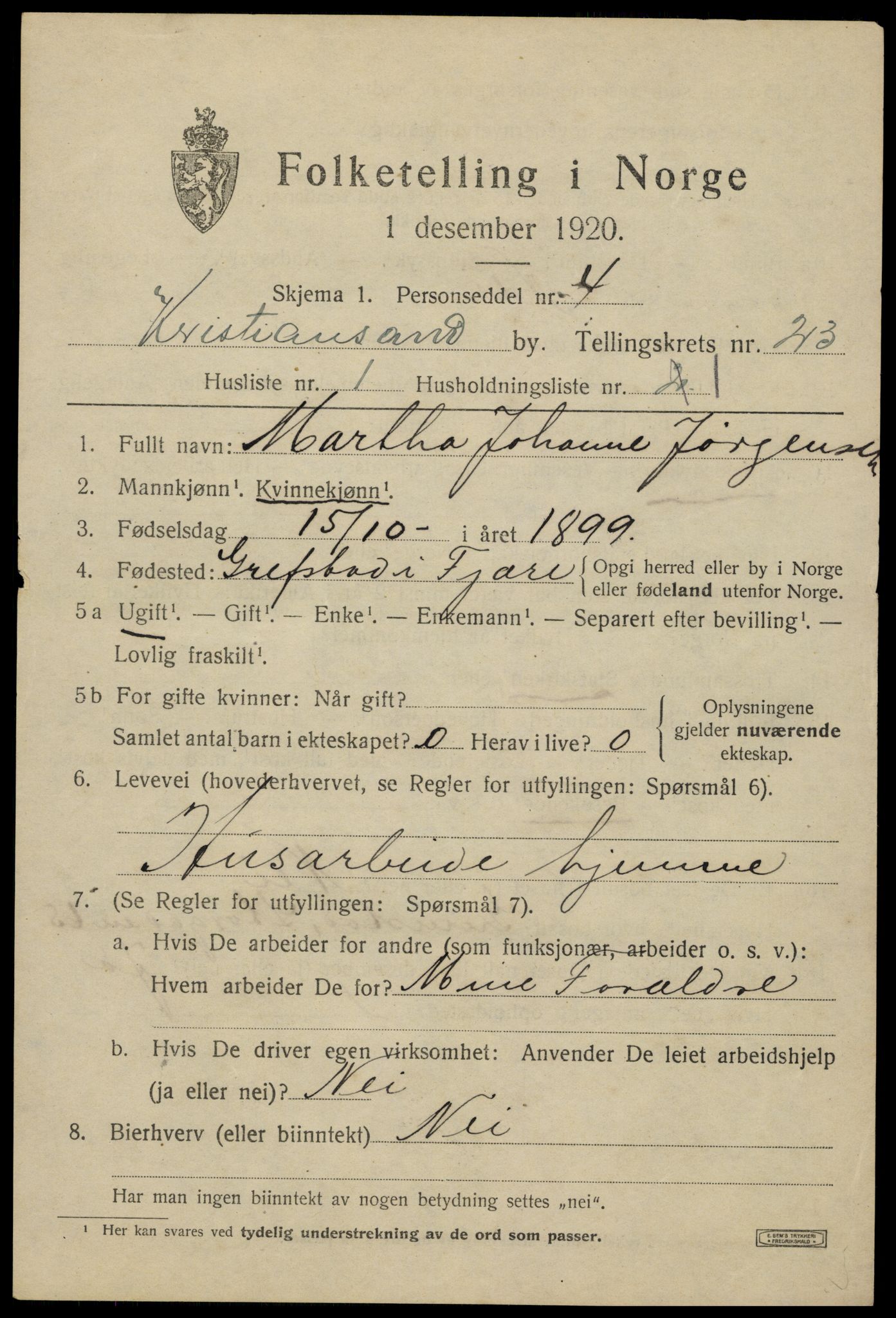 SAK, 1920 census for Kristiansand, 1920, p. 40143