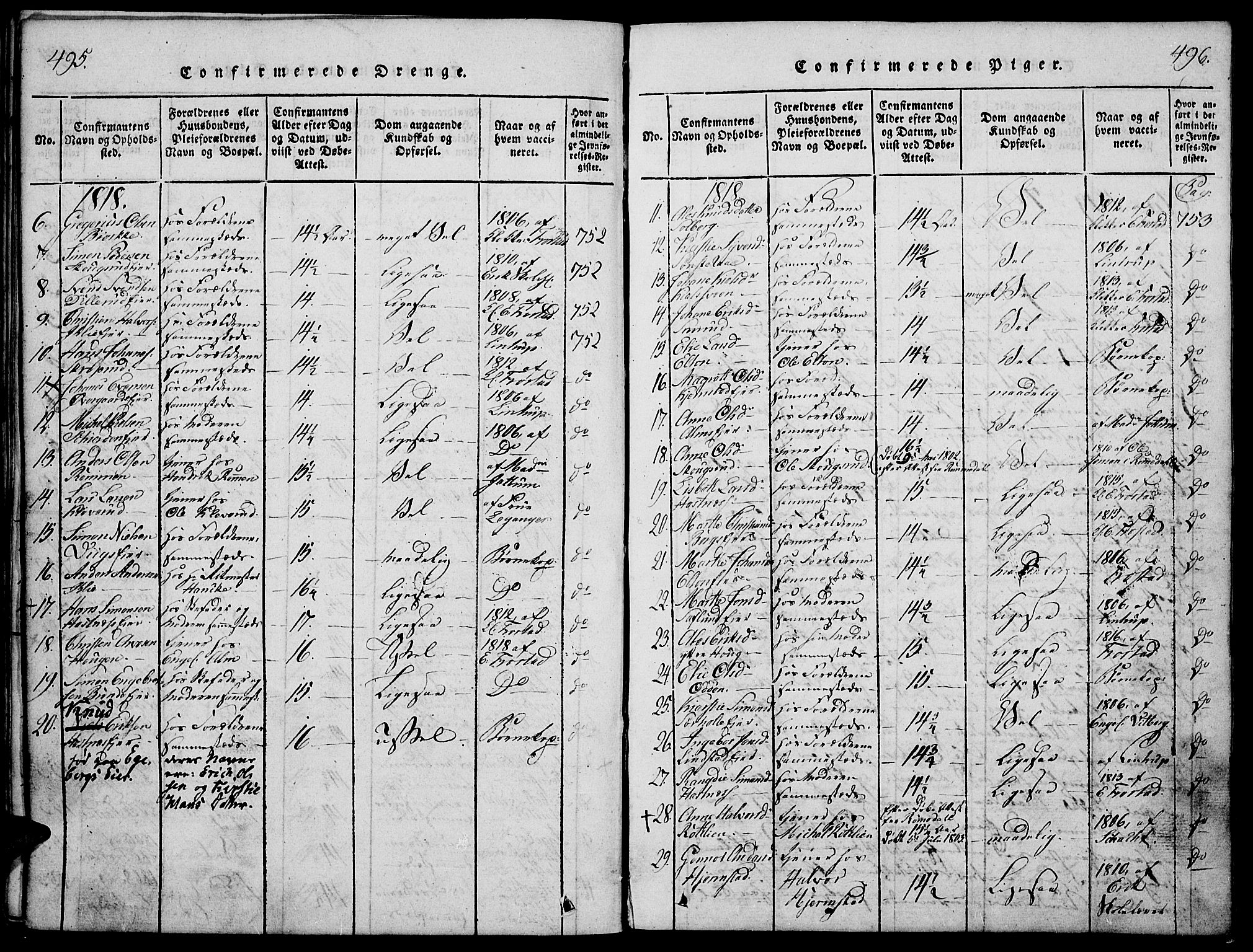 Stange prestekontor, AV/SAH-PREST-002/K/L0008: Parish register (official) no. 8, 1814-1825, p. 495-496