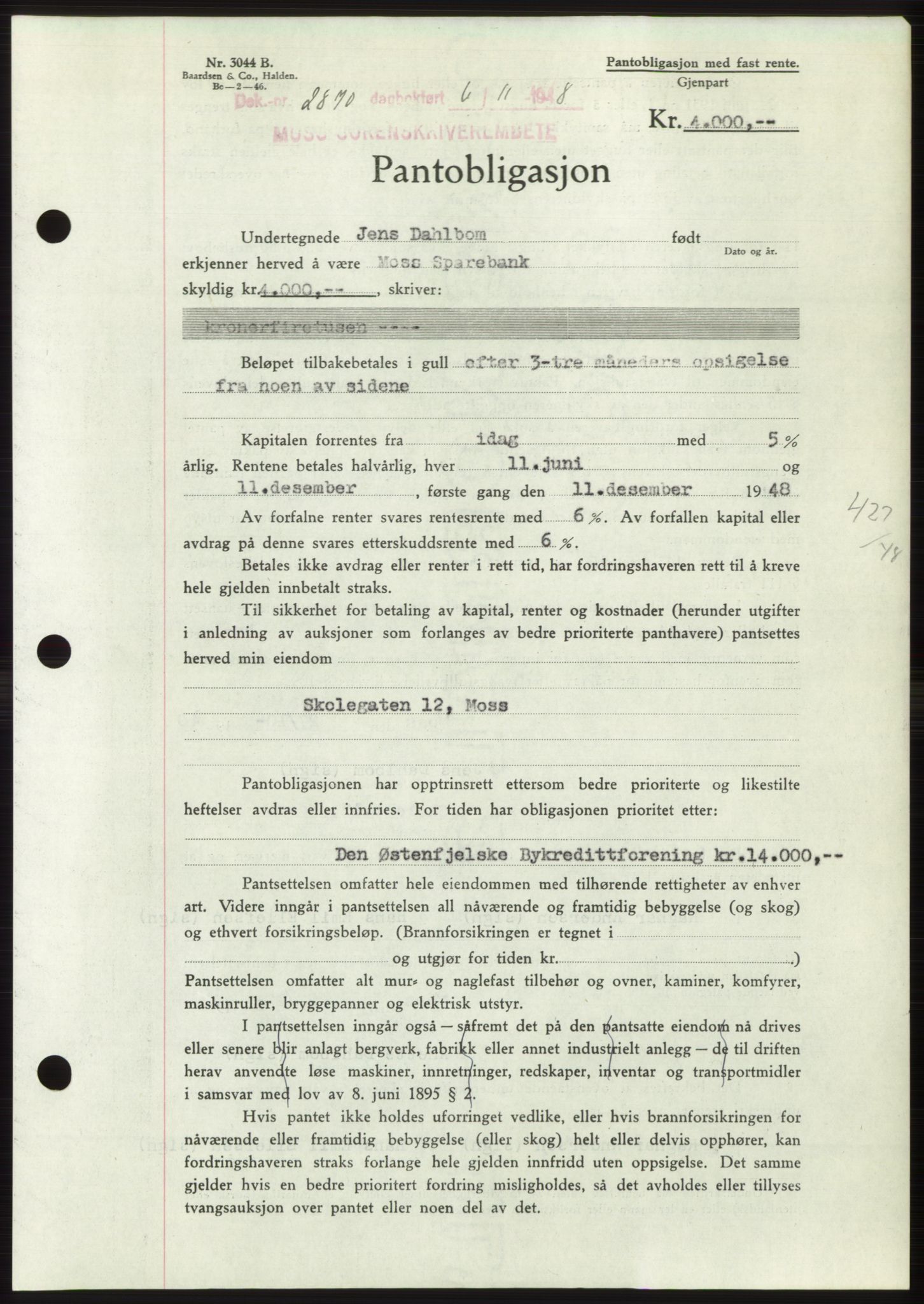 Moss sorenskriveri, AV/SAO-A-10168: Mortgage book no. B20, 1948-1948, Diary no: : 2870/1948