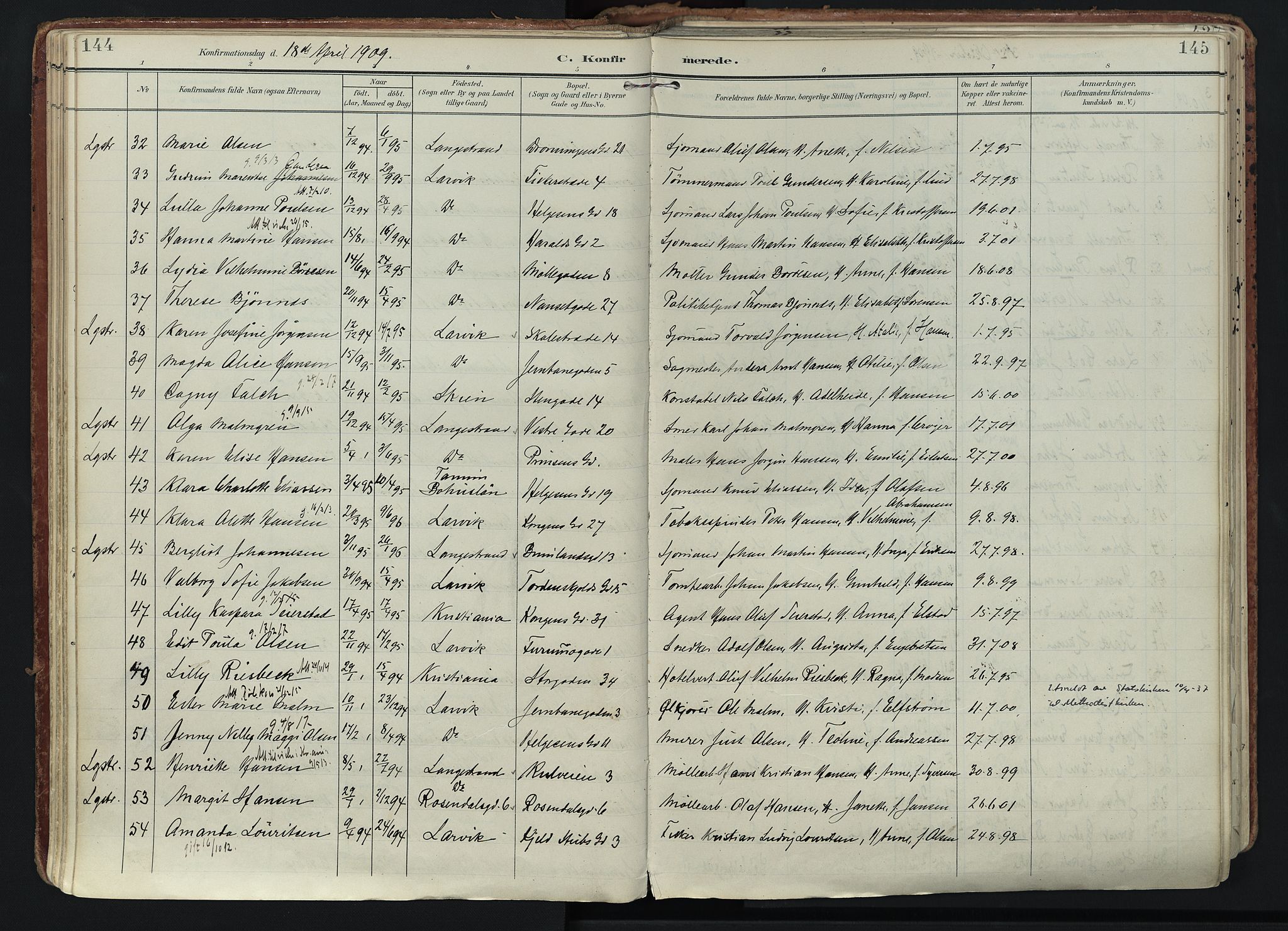Larvik kirkebøker, SAKO/A-352/F/Fa/L0011: Parish register (official) no. I 11, 1902-1922, p. 144-145