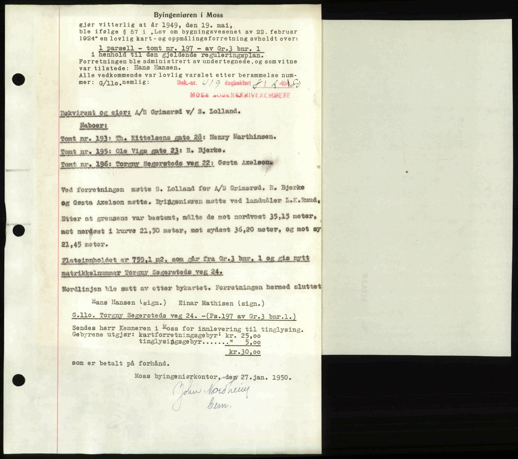Moss sorenskriveri, SAO/A-10168: Mortgage book no. A25, 1950-1950, Diary no: : 419/1950