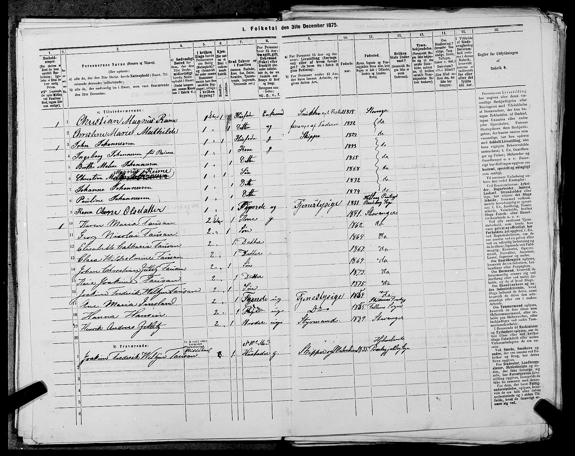 SAST, 1875 census for 1103 Stavanger, 1875, p. 26