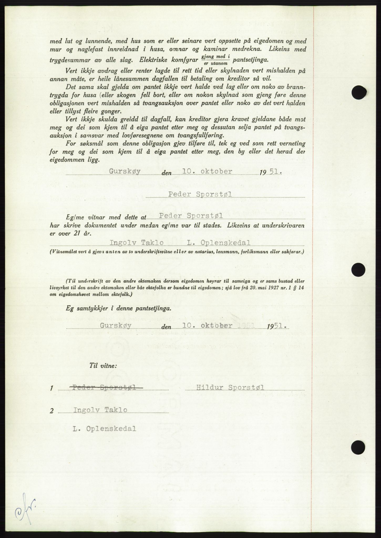 Søre Sunnmøre sorenskriveri, AV/SAT-A-4122/1/2/2C/L0120: Mortgage book no. 8B, 1951-1951, Diary no: : 1971/1951