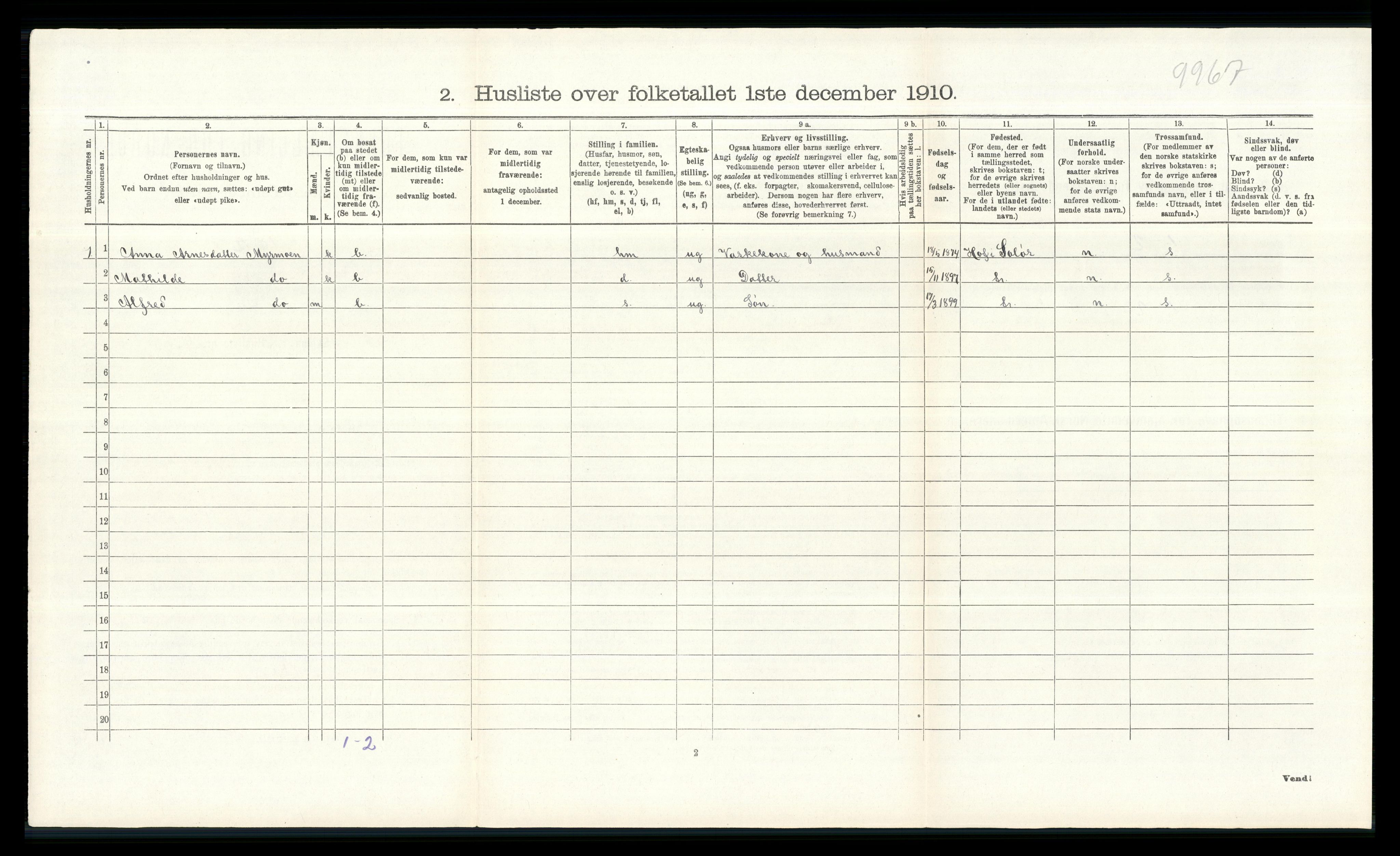 RA, 1910 census for Åsnes, 1910, p. 1045