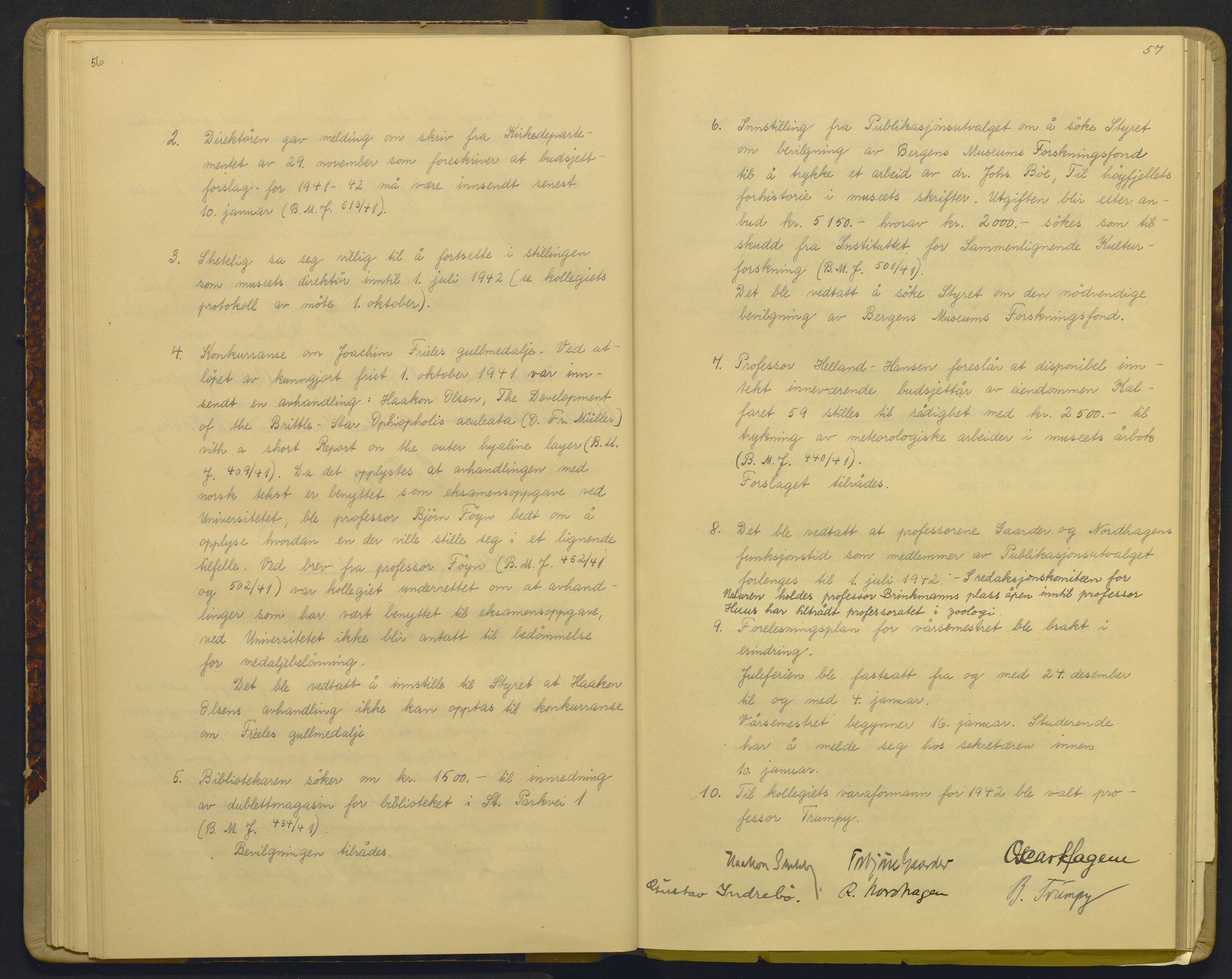 Bergens Museum, AV/SAB-A-17301/18/A/L0003: Professorkollegiets forhandlingsprotokoll med register , 1939-1944, p. 56-57