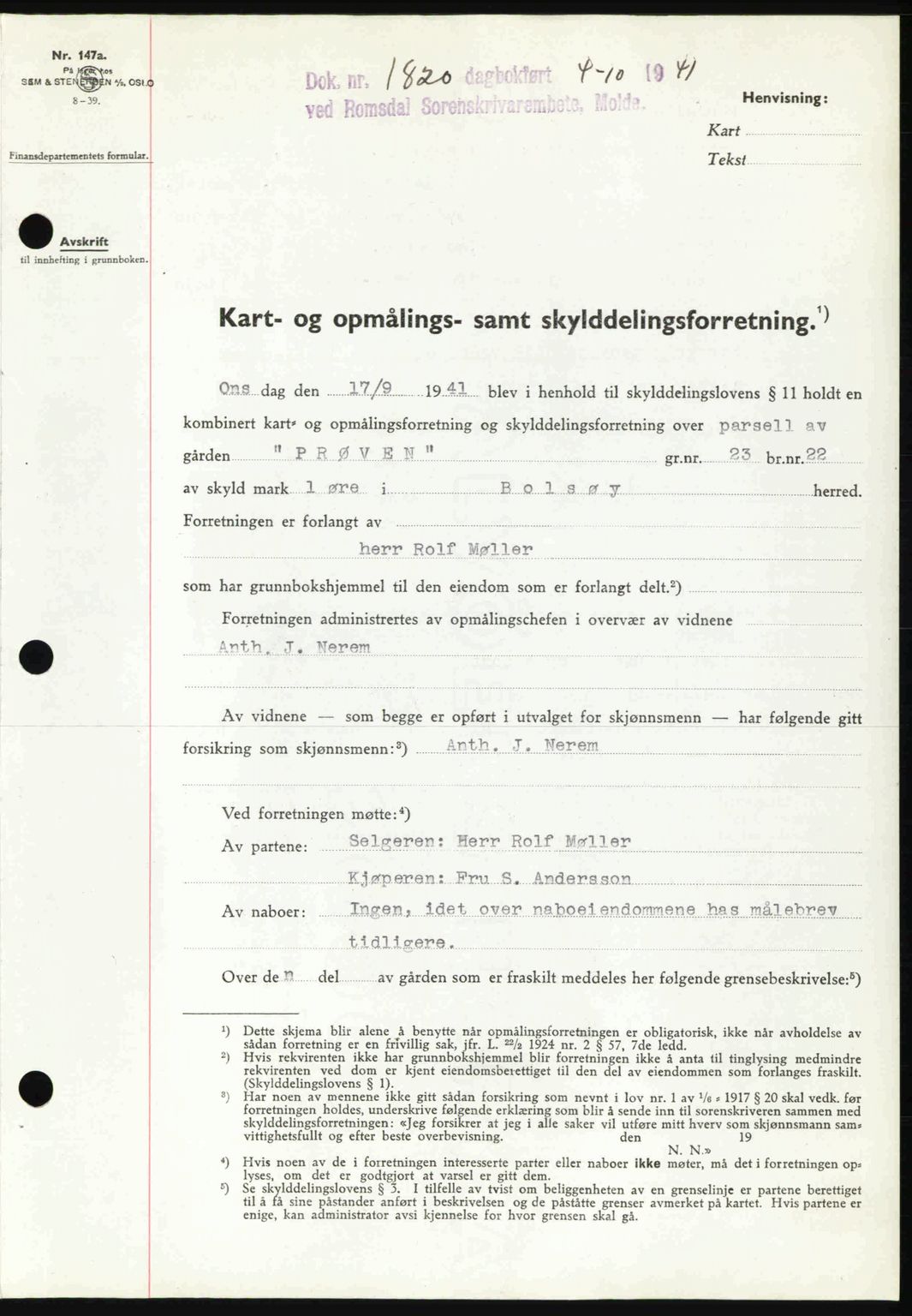 Romsdal sorenskriveri, AV/SAT-A-4149/1/2/2C: Mortgage book no. A11, 1941-1942, Diary no: : 1820/1941