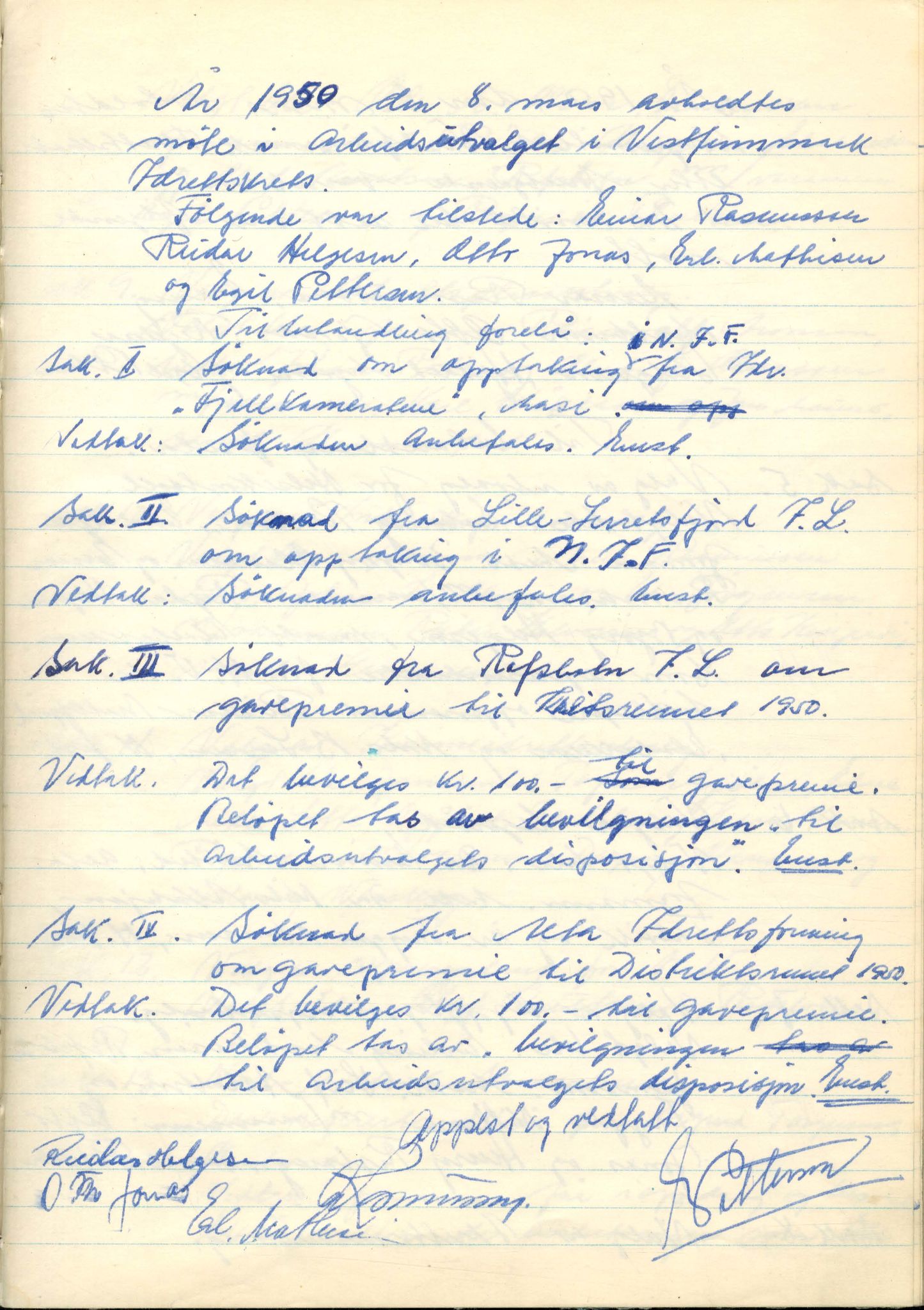 Vest-Finnmark Idrettskrets, FMFB/A-1042/A/Aa/L0001: Møteprotokoll for styre, kretsting og arbeidsutvalg, 1946-1951, p. 96
