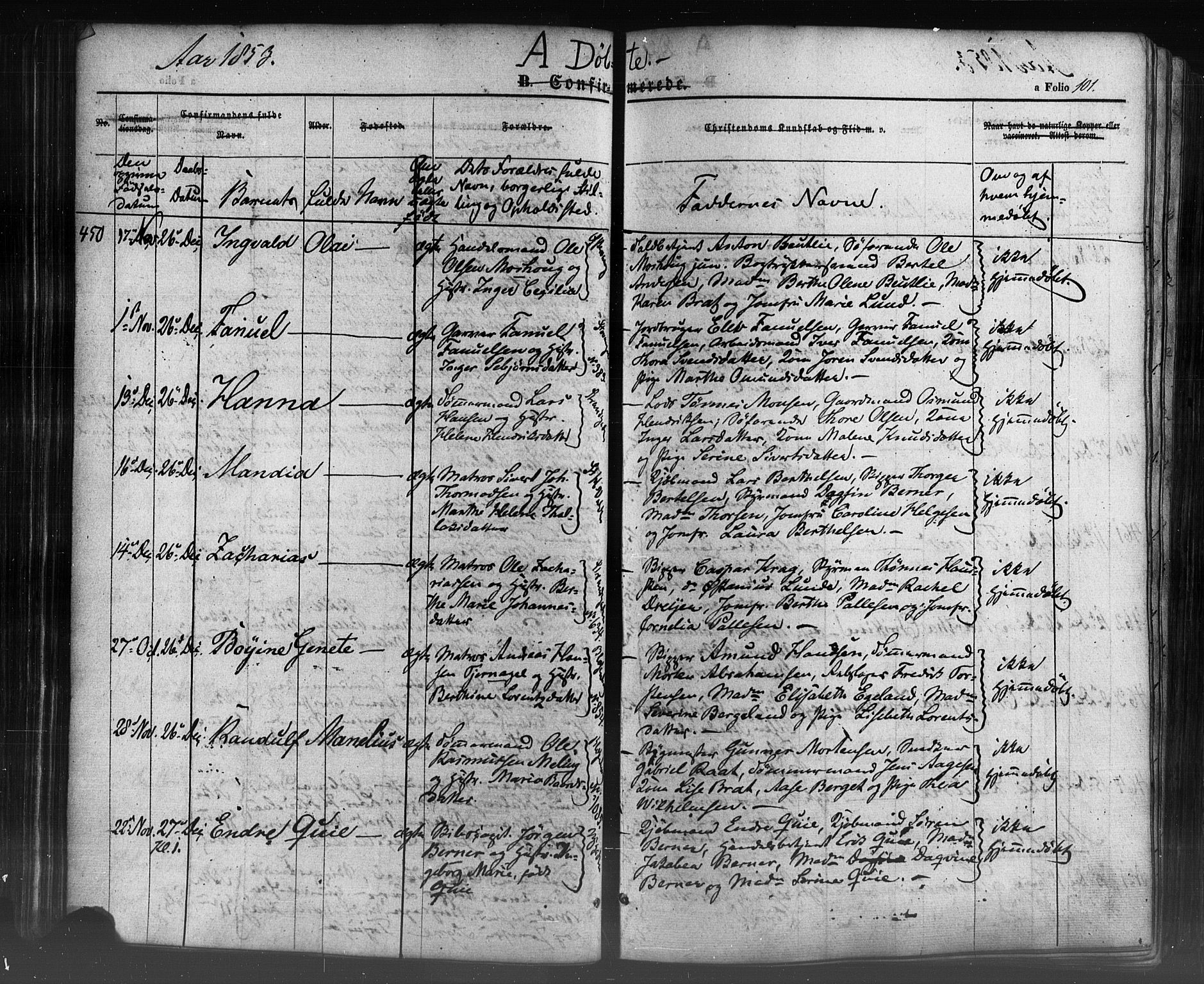 Domkirken sokneprestkontor, SAST/A-101812/001/30/30BB/L0009: Parish register (copy) no. B 9, 1850-1858, p. 101