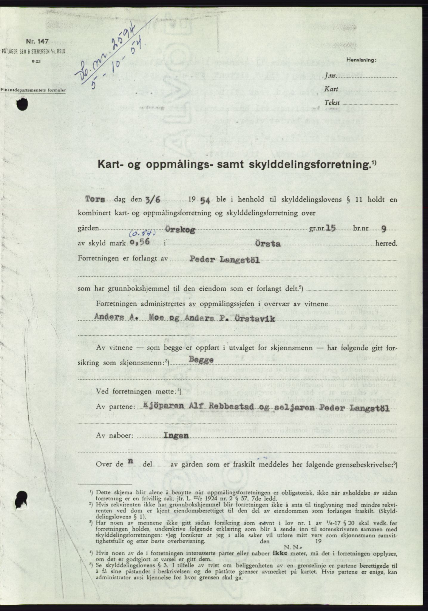 Søre Sunnmøre sorenskriveri, AV/SAT-A-4122/1/2/2C/L0099: Mortgage book no. 25A, 1954-1954, Diary no: : 2594/1954