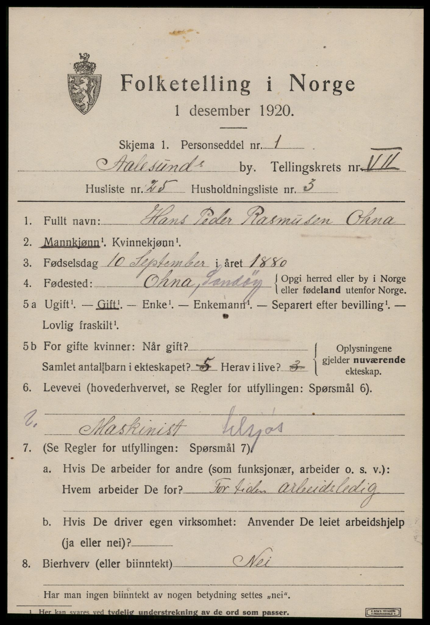 SAT, 1920 census for Ålesund, 1920, p. 20032