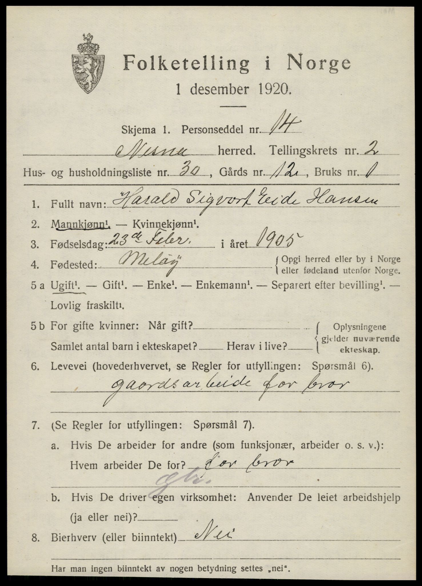 SAT, 1920 census for Nesna, 1920, p. 2063