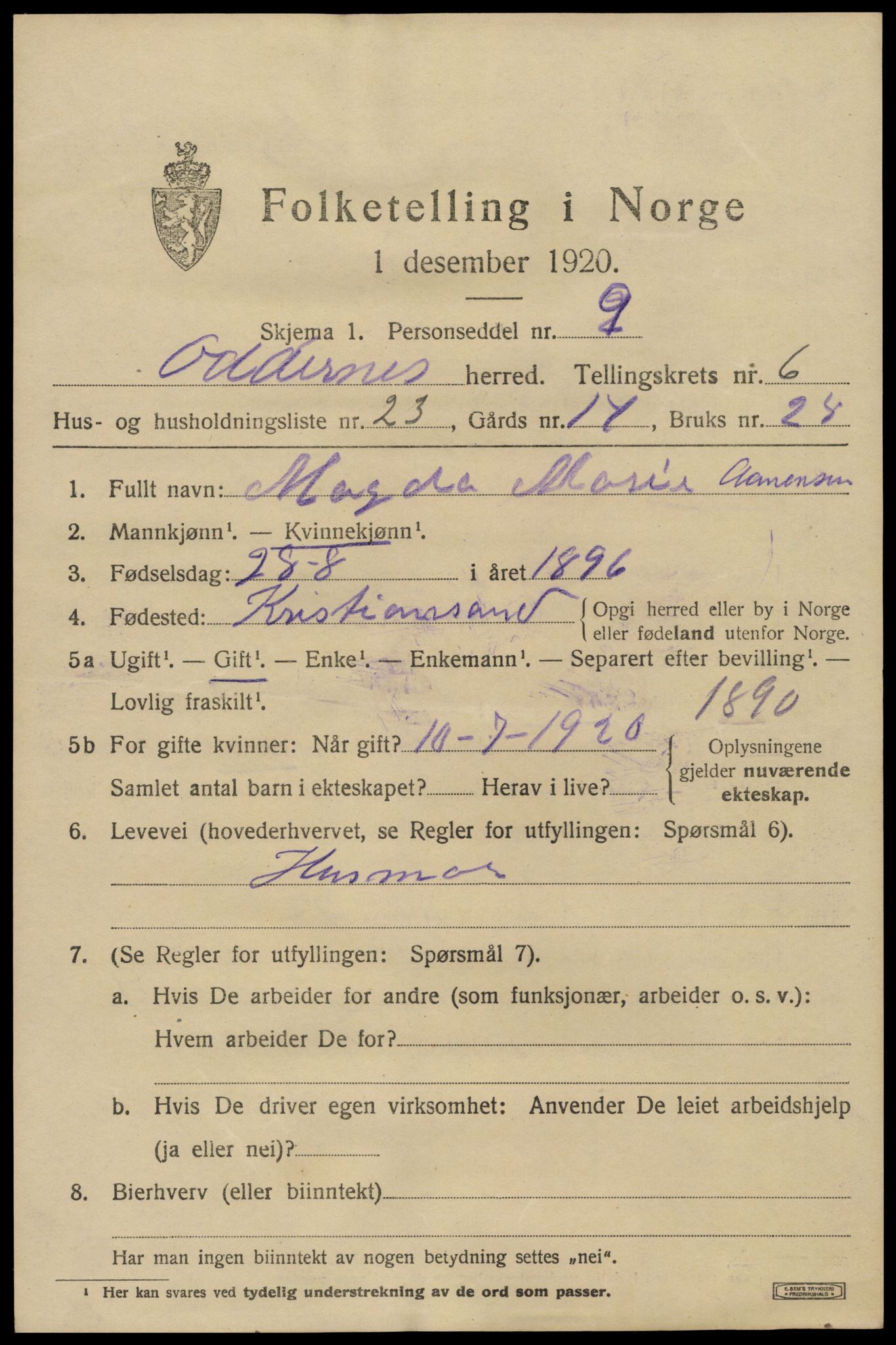SAK, 1920 census for Oddernes, 1920, p. 5177
