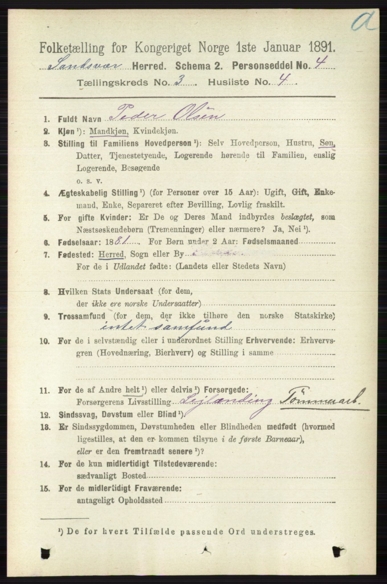 RA, 1891 census for 0629 Sandsvær, 1891, p. 1313