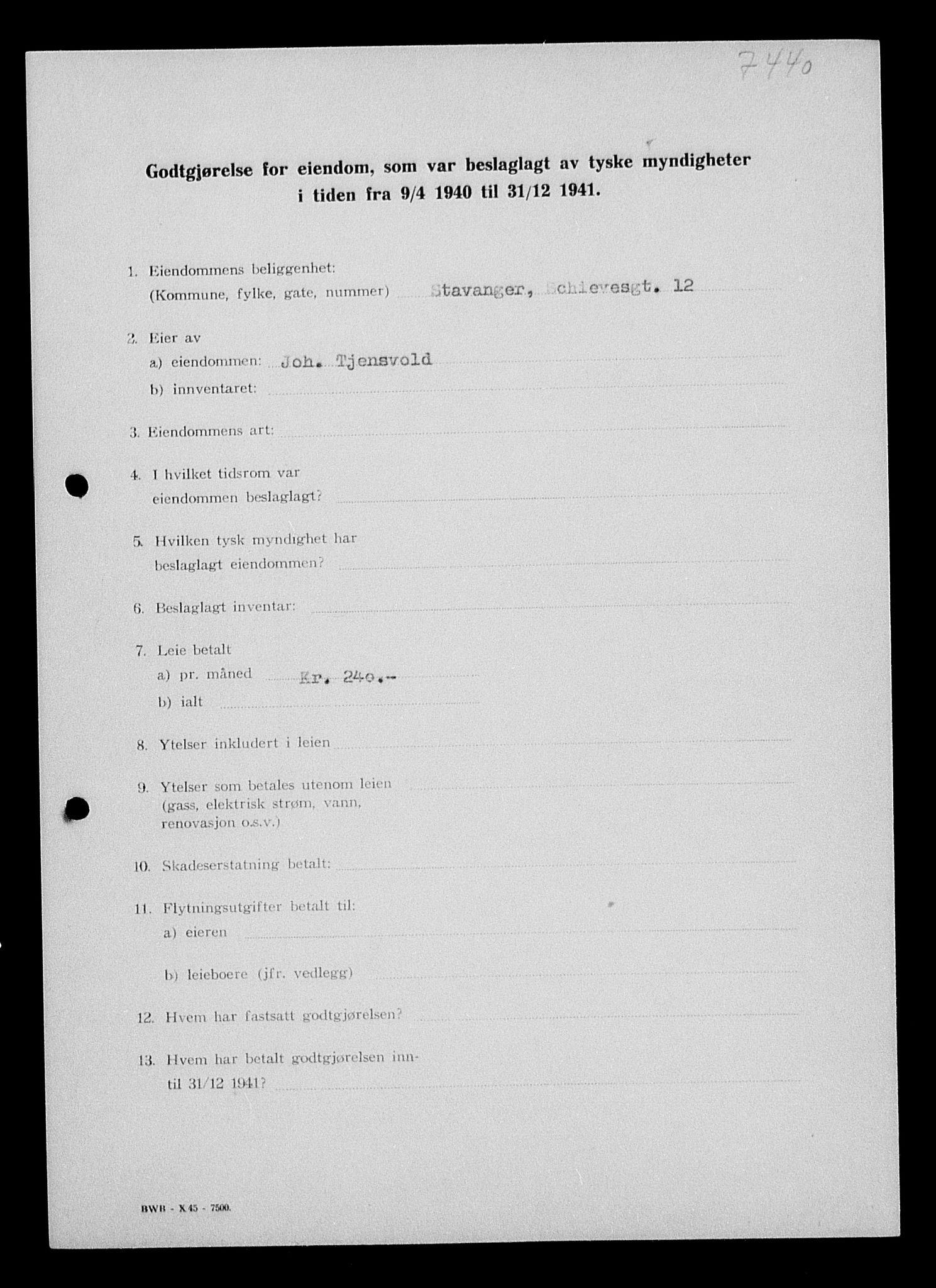 Justisdepartementet, Tilbakeføringskontoret for inndratte formuer, AV/RA-S-1564/I/L1014: Godtgjørelse for beslaglagt eiendom, 1940-1941, p. 142