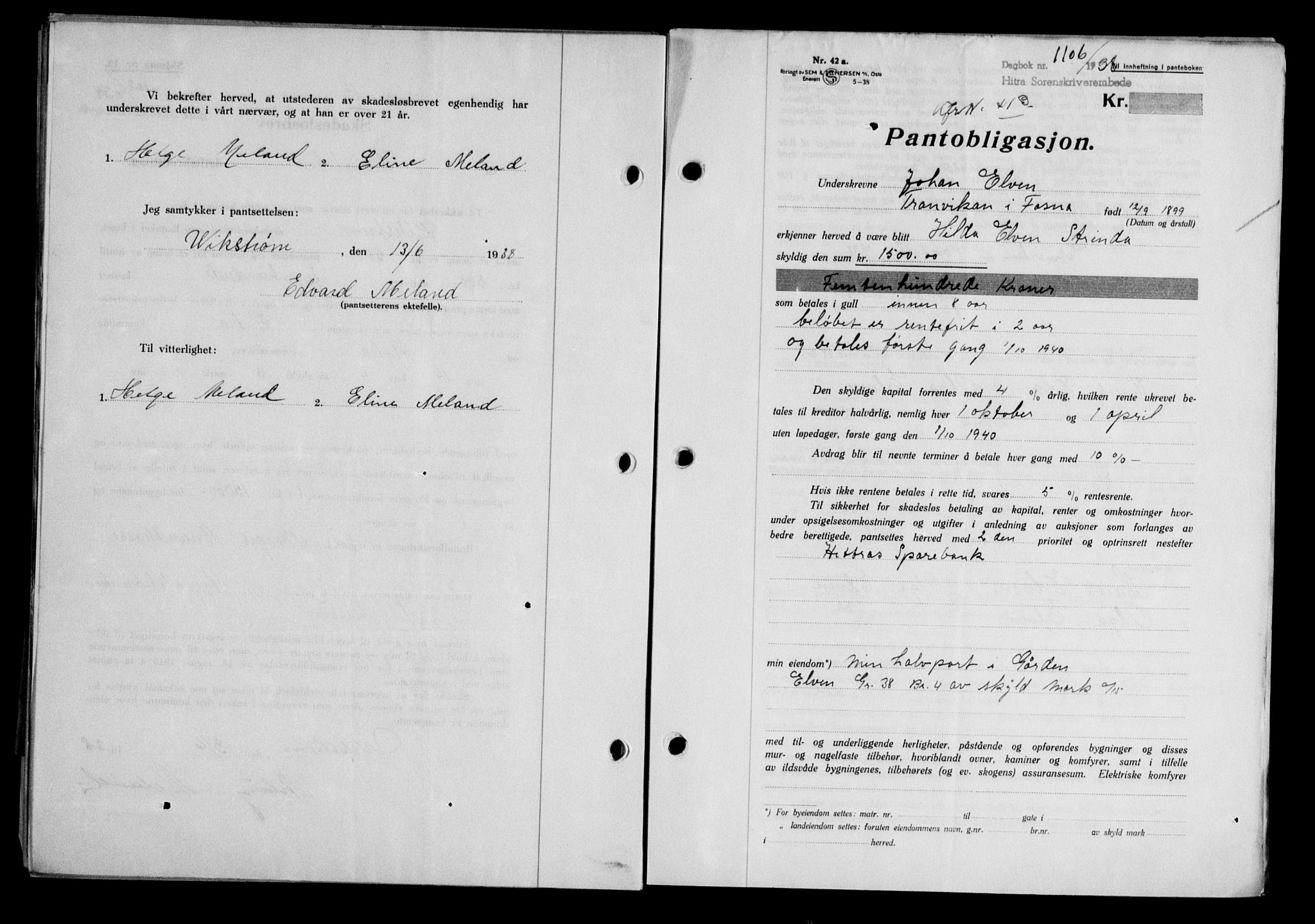 Hitra sorenskriveri, AV/SAT-A-0018/2/2C/2Ca/L0028: Mortgage book no. B-1, 1936-1939, Diary no: : 1106/1938