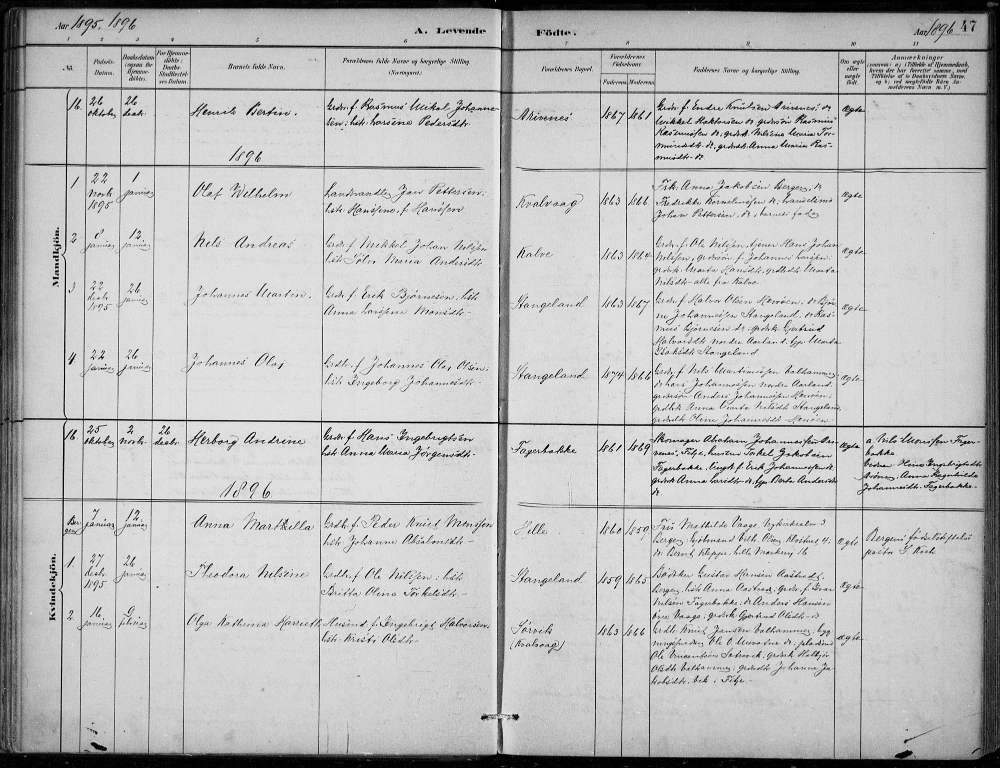 Sund sokneprestembete, AV/SAB-A-99930: Parish register (official) no. D 1, 1882-1899, p. 47