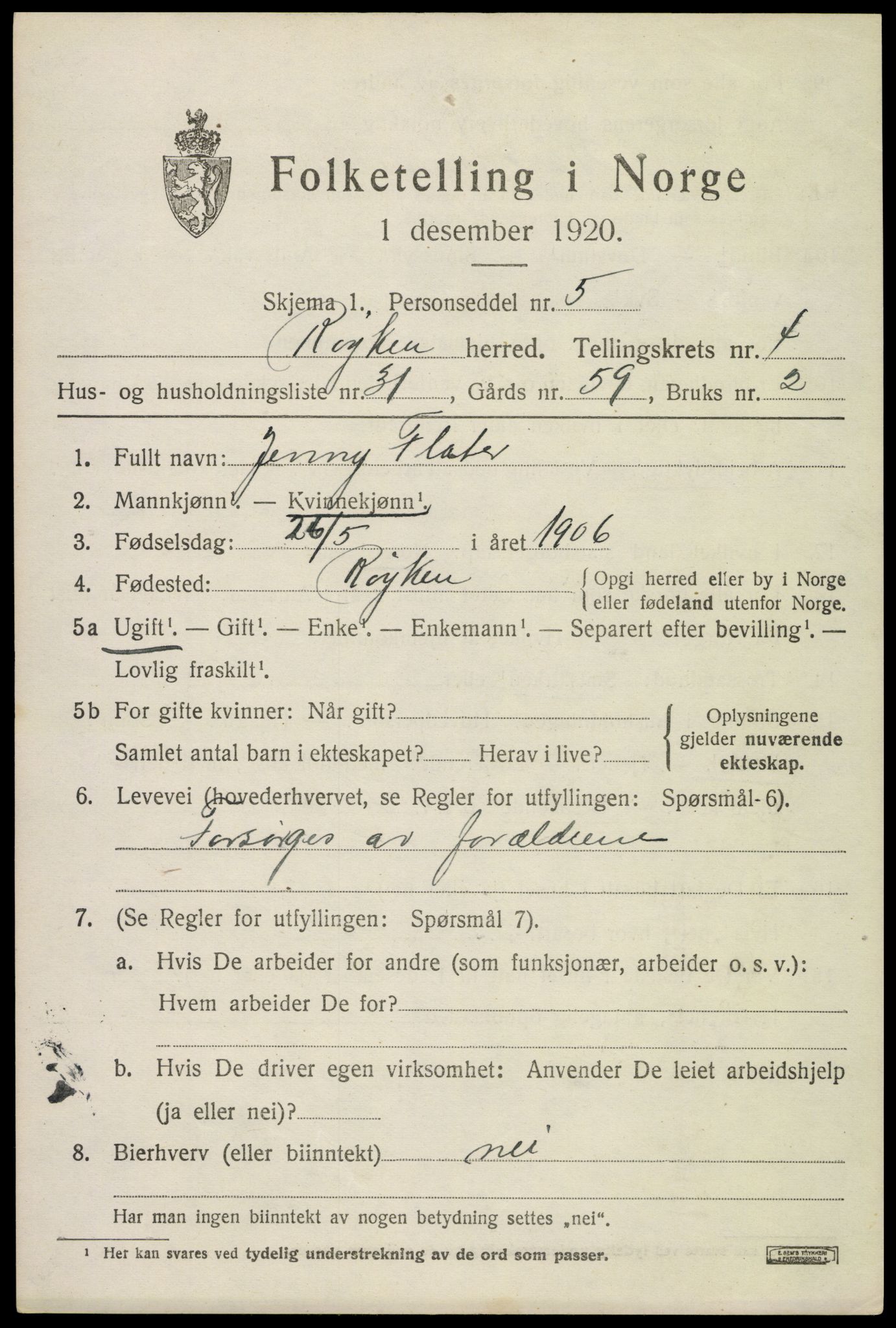 SAKO, 1920 census for Røyken, 1920, p. 5920