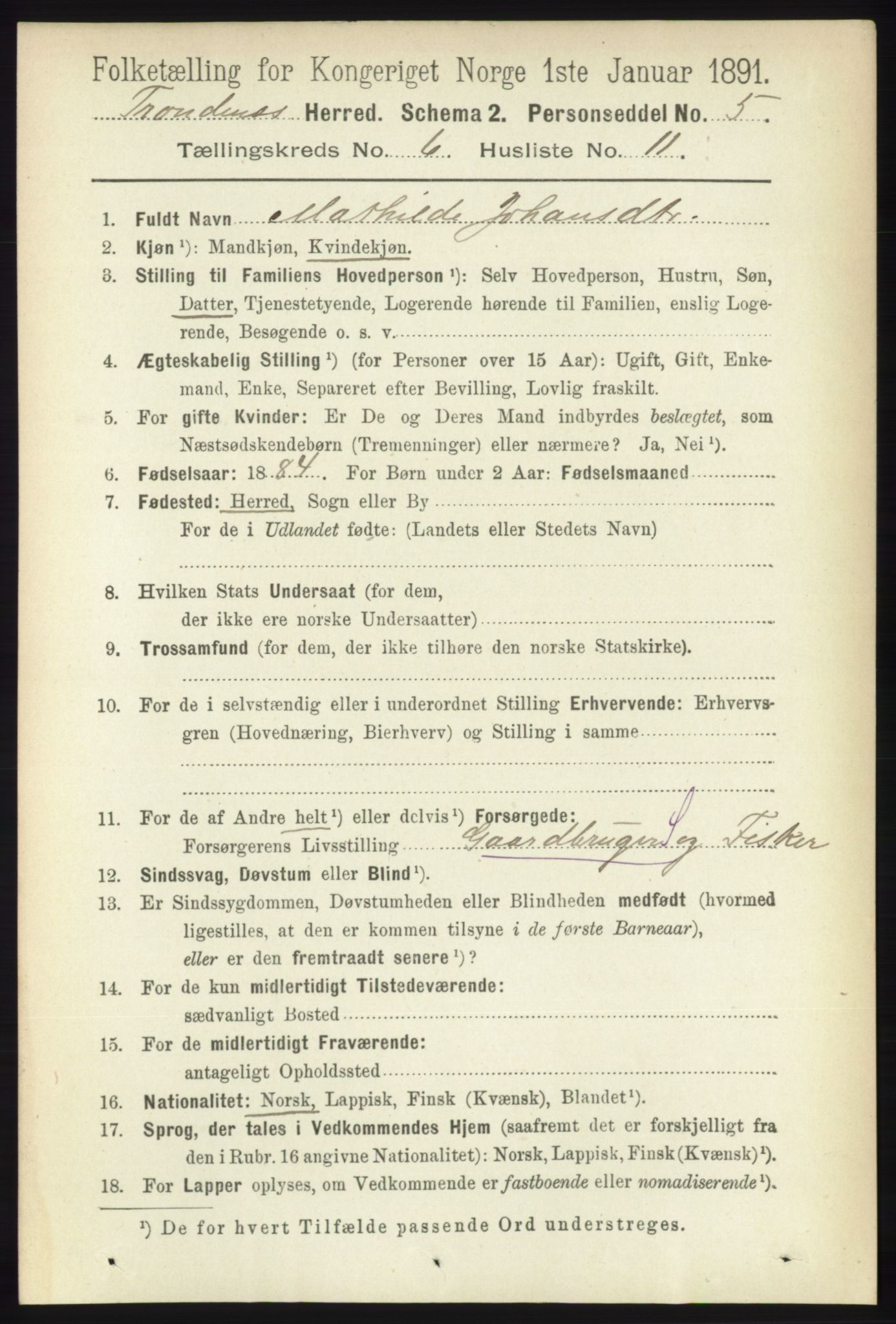 RA, 1891 census for 1914 Trondenes, 1891, p. 3874