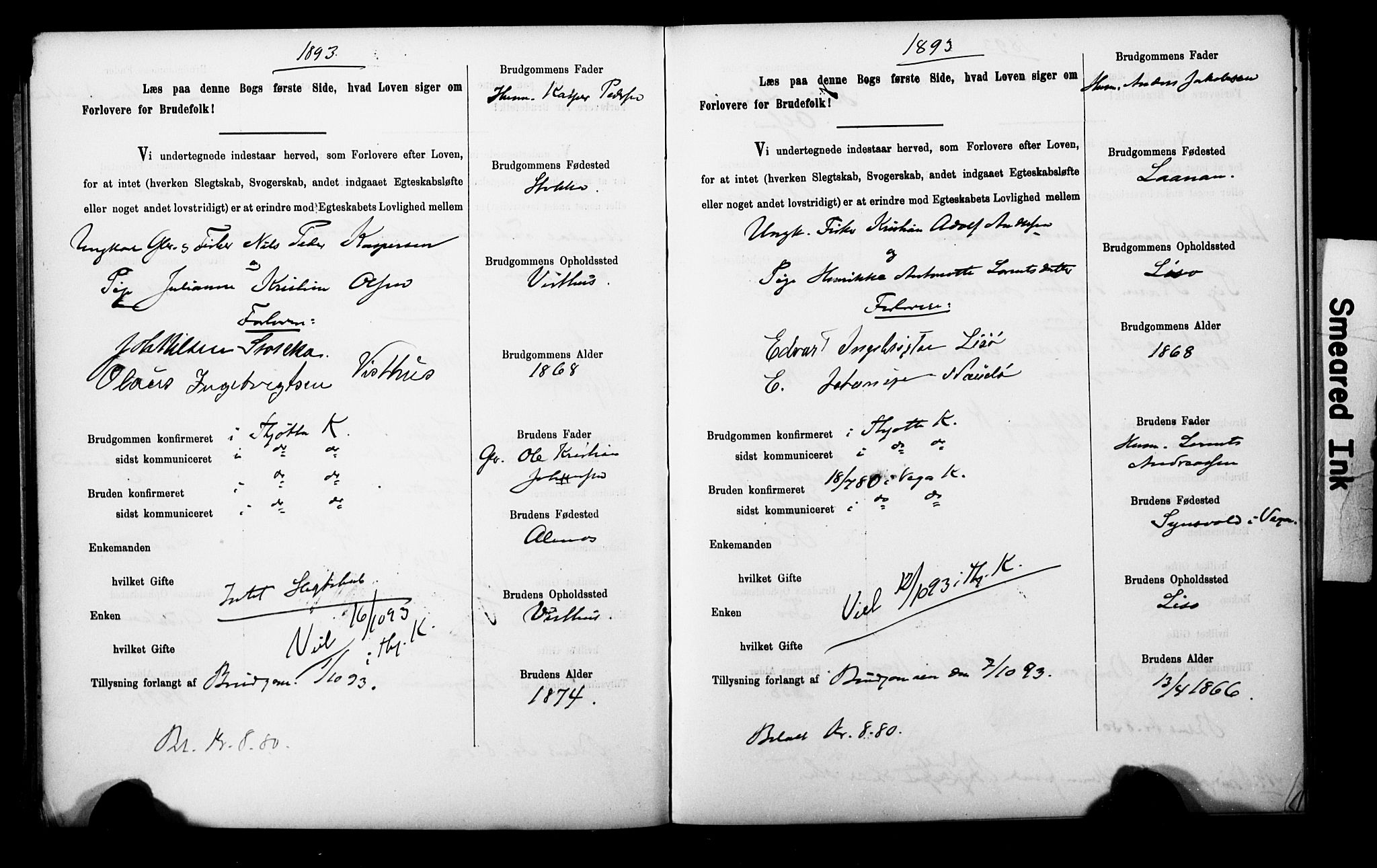 Uten arkivreferanse**, SAT/-: Banns register no. 1 /2 (Trøgstad), 1891-1895