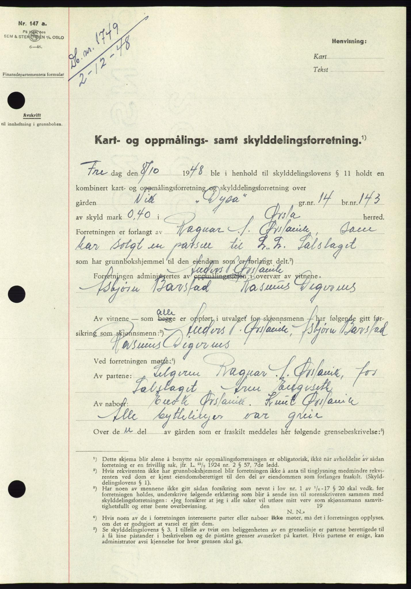 Søre Sunnmøre sorenskriveri, AV/SAT-A-4122/1/2/2C/L0083: Mortgage book no. 9A, 1948-1949, Diary no: : 1749/1948