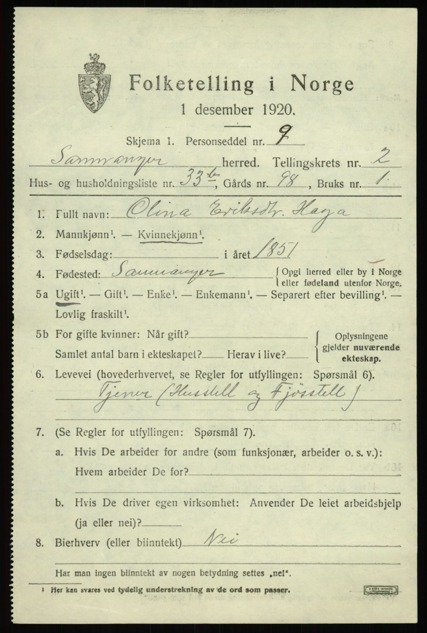 SAB, 1920 census for Samnanger, 1920, p. 1493