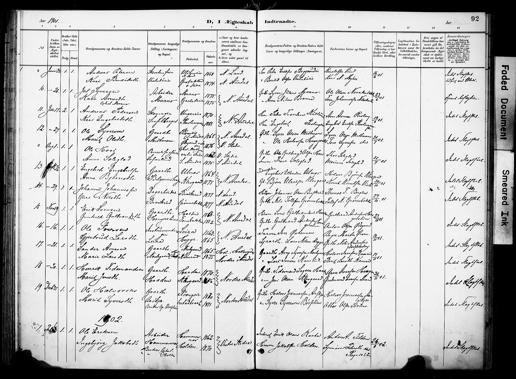Nord-Aurdal prestekontor, AV/SAH-PREST-132/H/Ha/Haa/L0014: Parish register (official) no. 14, 1896-1912, p. 92