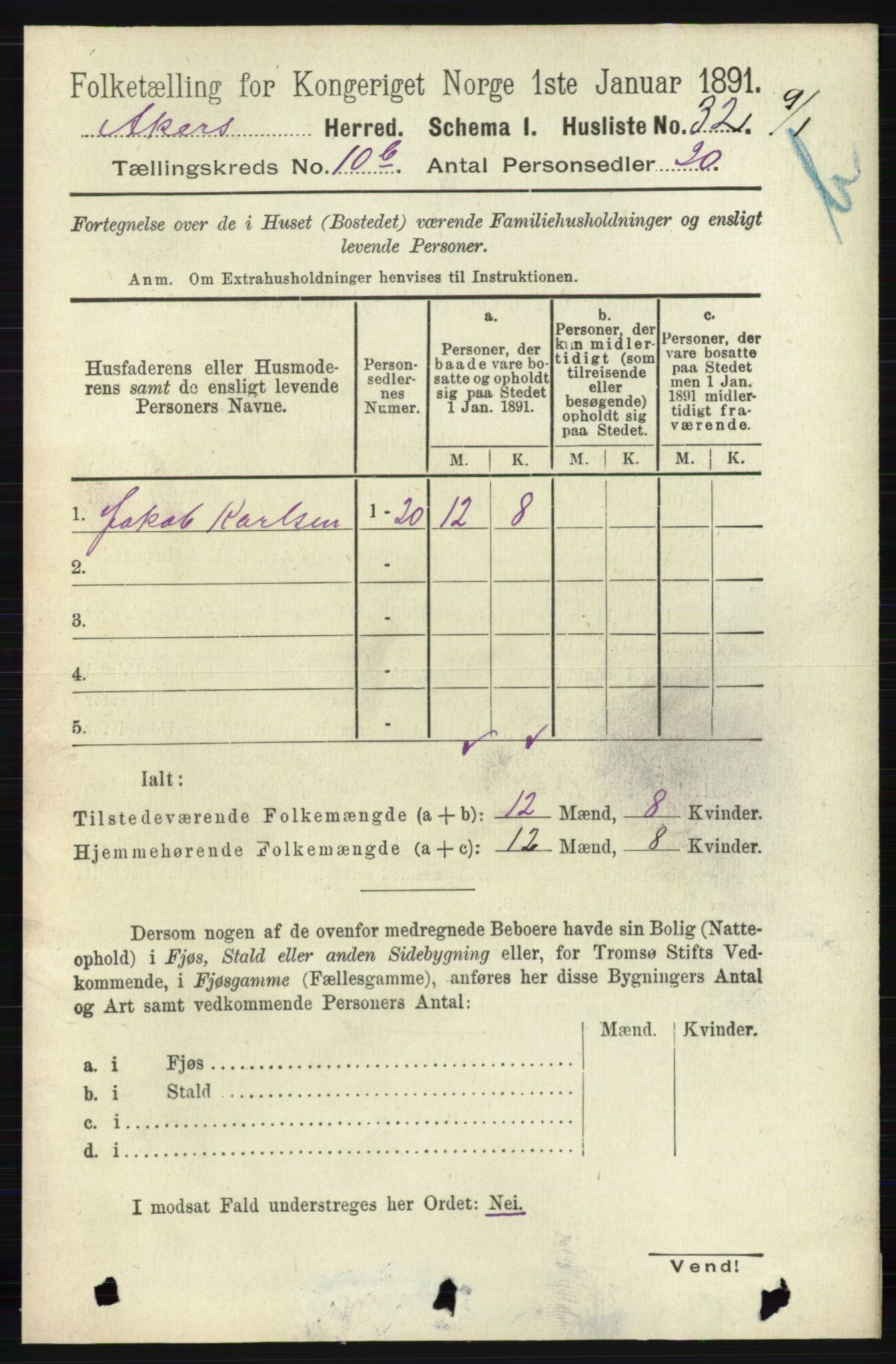 RA, 1891 census for 0218 Aker, 1891, p. 9584