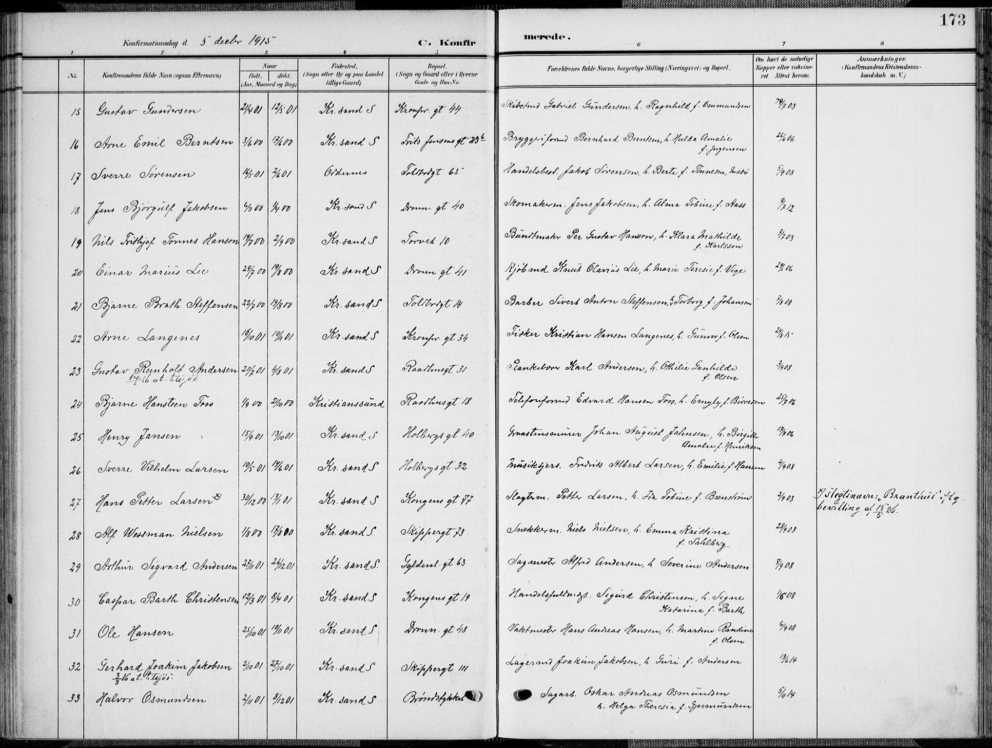 Kristiansand domprosti, SAK/1112-0006/F/Fa/L0022: Parish register (official) no. A 21, 1905-1916, p. 173