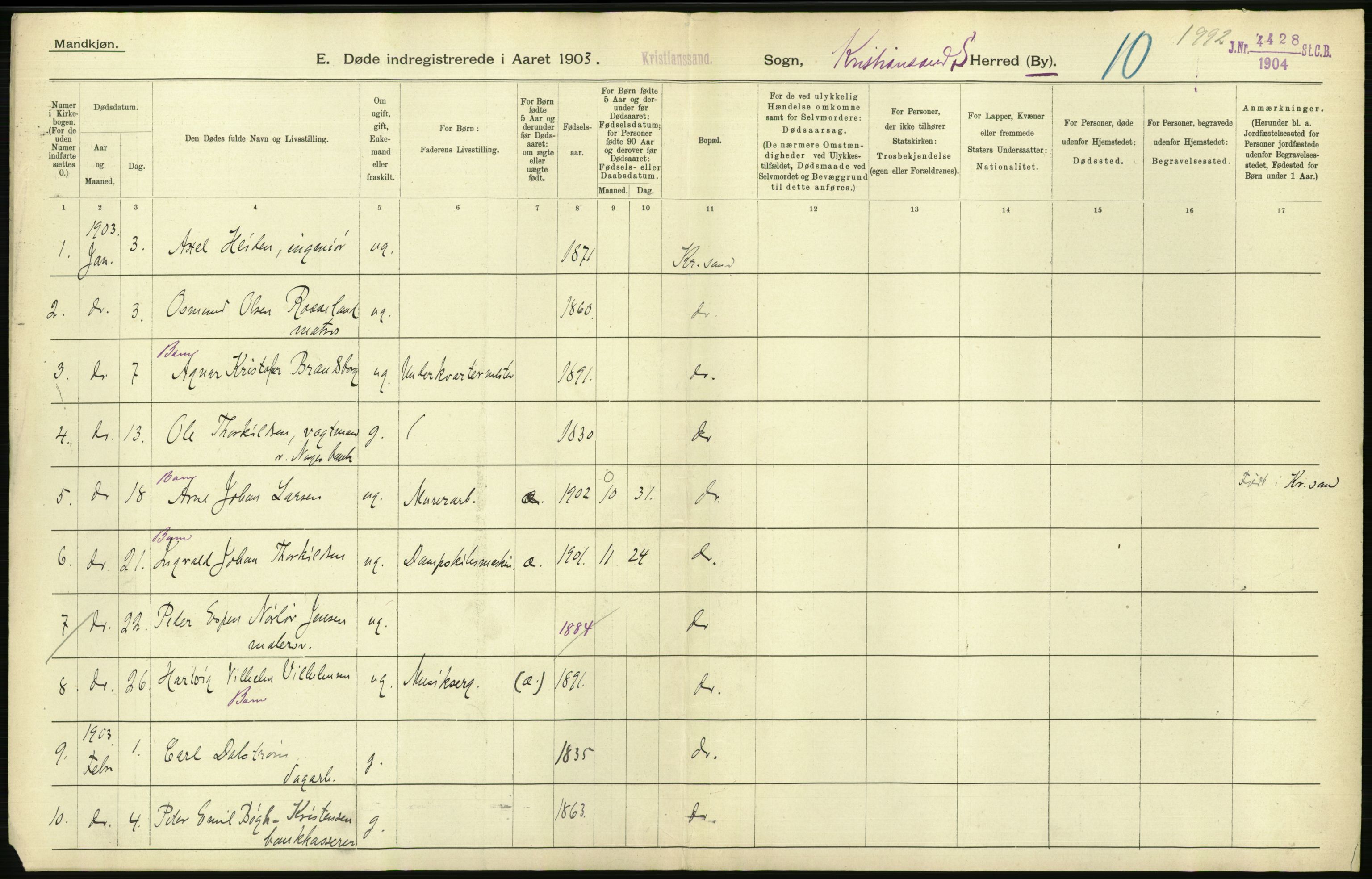 Statistisk sentralbyrå, Sosiodemografiske emner, Befolkning, AV/RA-S-2228/D/Df/Dfa/Dfaa/L0011: Lister og Mandal amt: Fødte, gifte, døde, 1903, p. 552