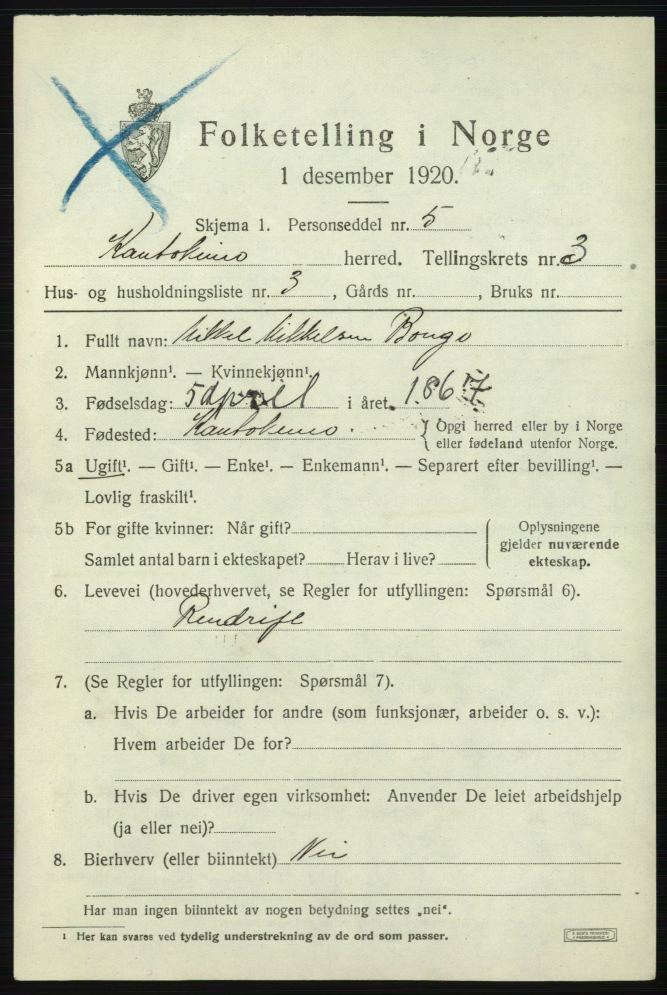 SATØ, 1920 census for Kautokeino, 1920, p. 1463