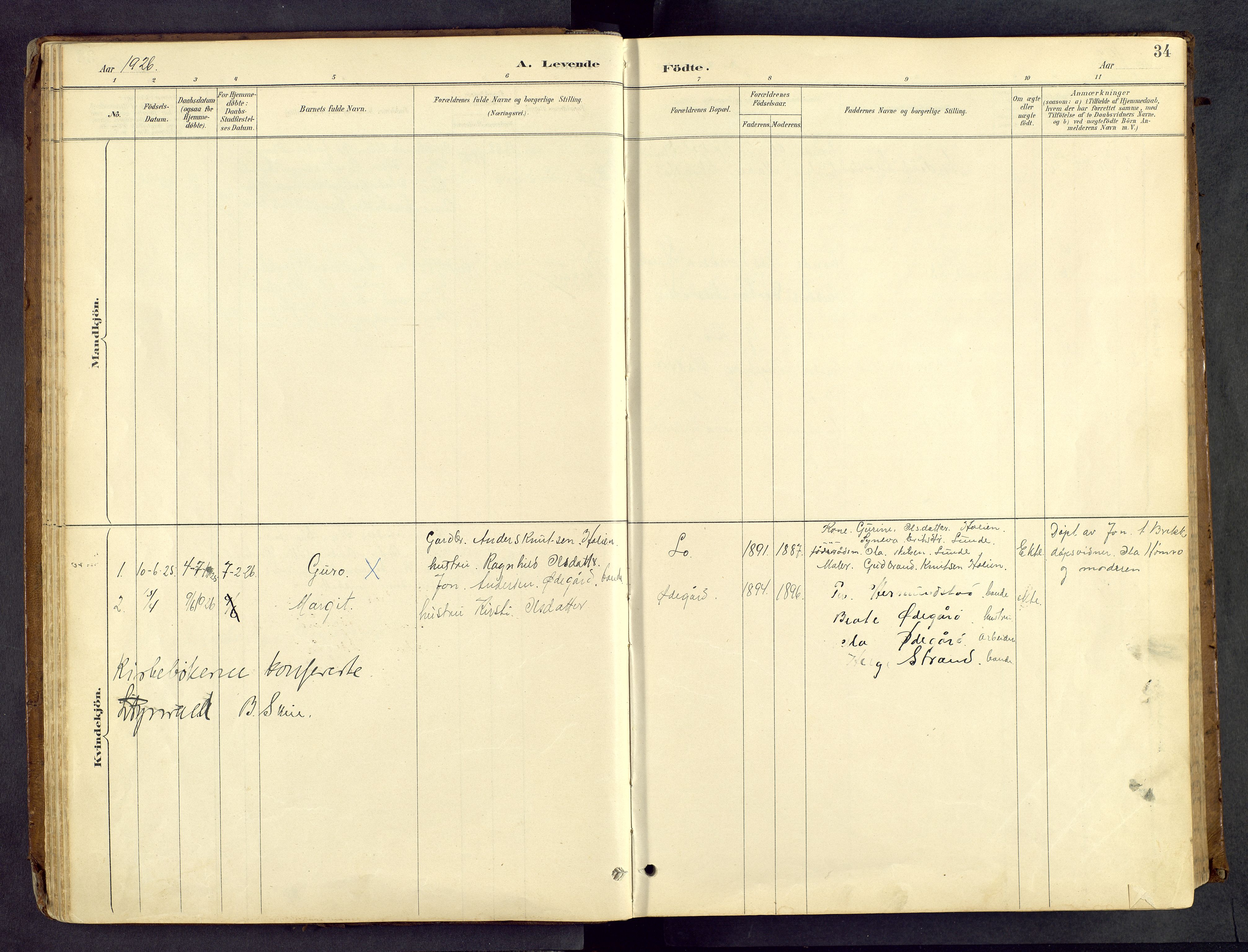 Vang prestekontor, Valdres, SAH/PREST-140/H/Hb/L0005: Parish register (copy) no. 5, 1889-1945, p. 34