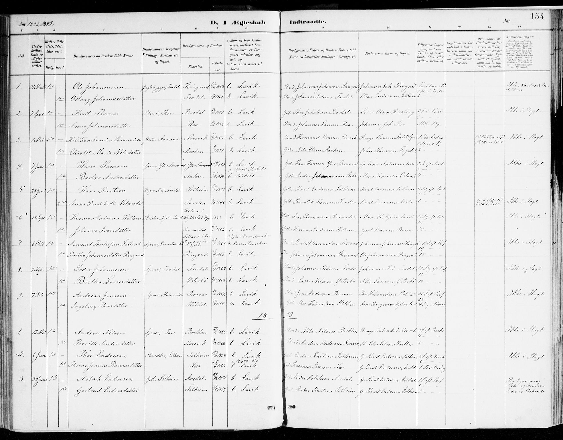 Lavik sokneprestembete, AV/SAB-A-80901: Parish register (official) no. B 1, 1882-1908, p. 154