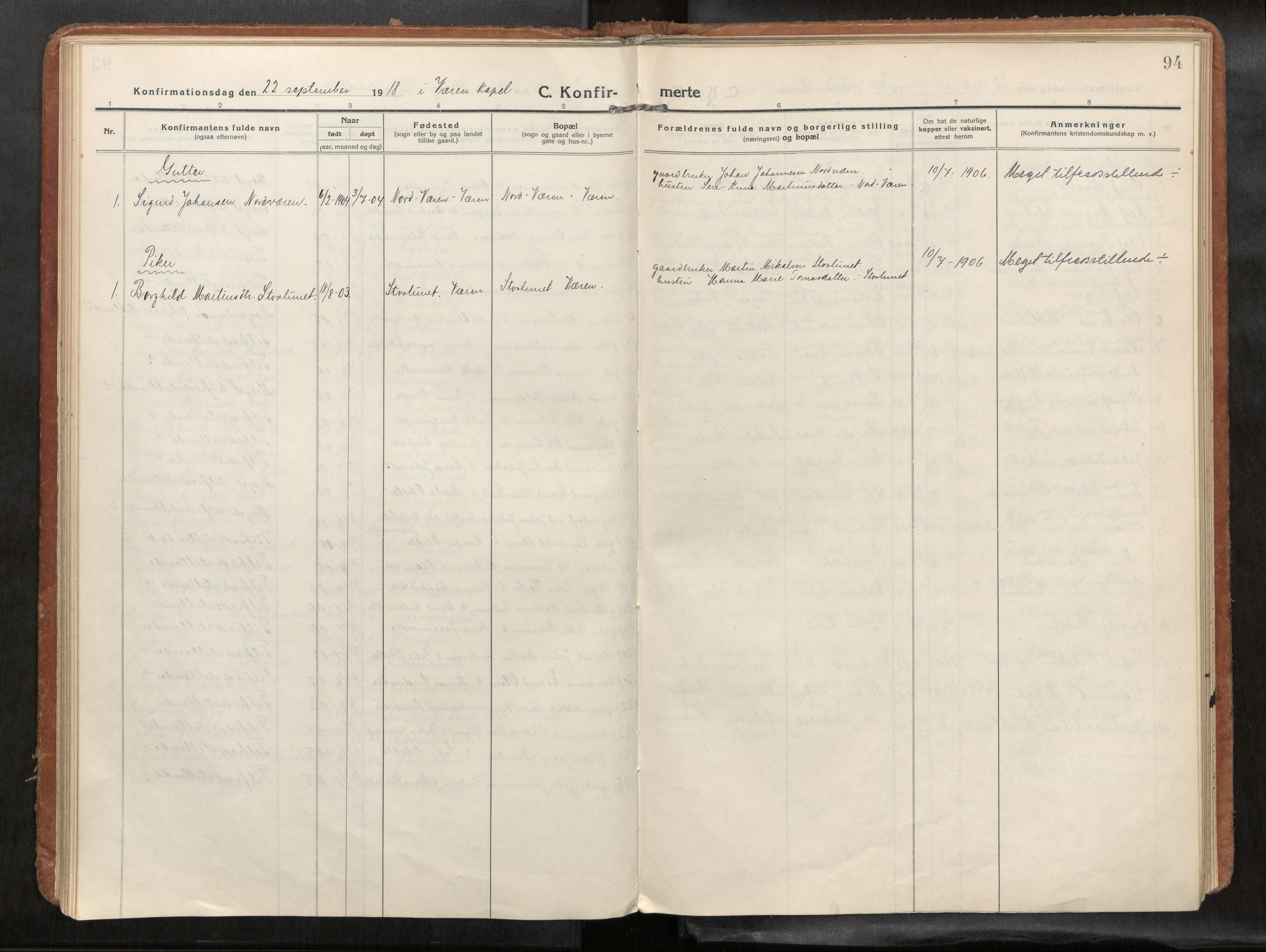 Verdal sokneprestkontor, AV/SAT-A-1156/2/H/Haa/L0004: Parish register (official) no. 4, 1916-1928, p. 94