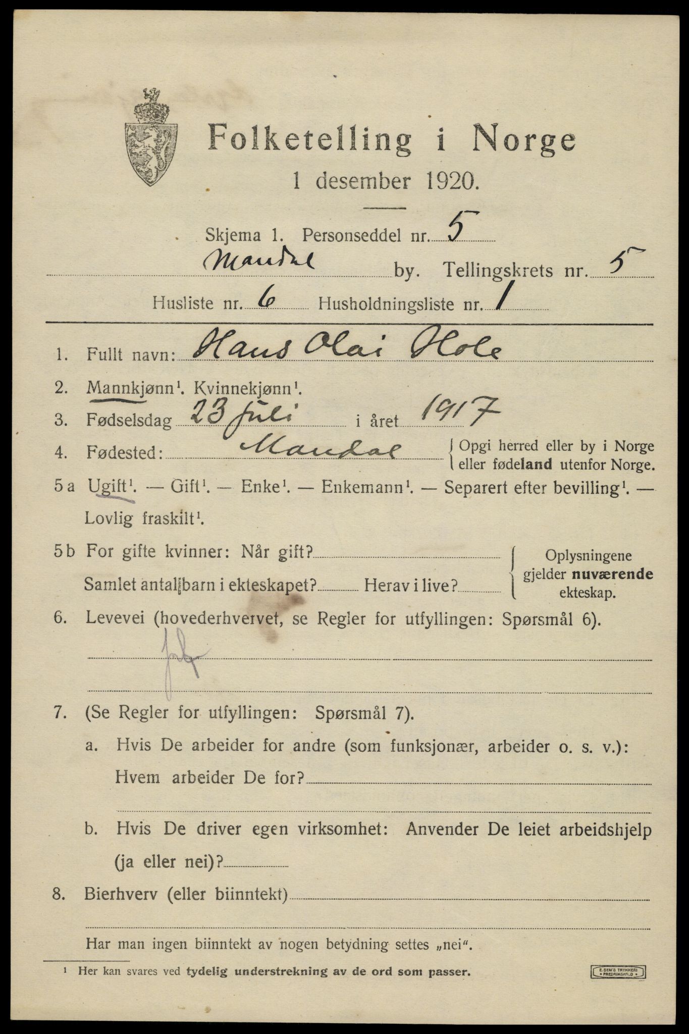 SAK, 1920 census for Mandal, 1920, p. 8261