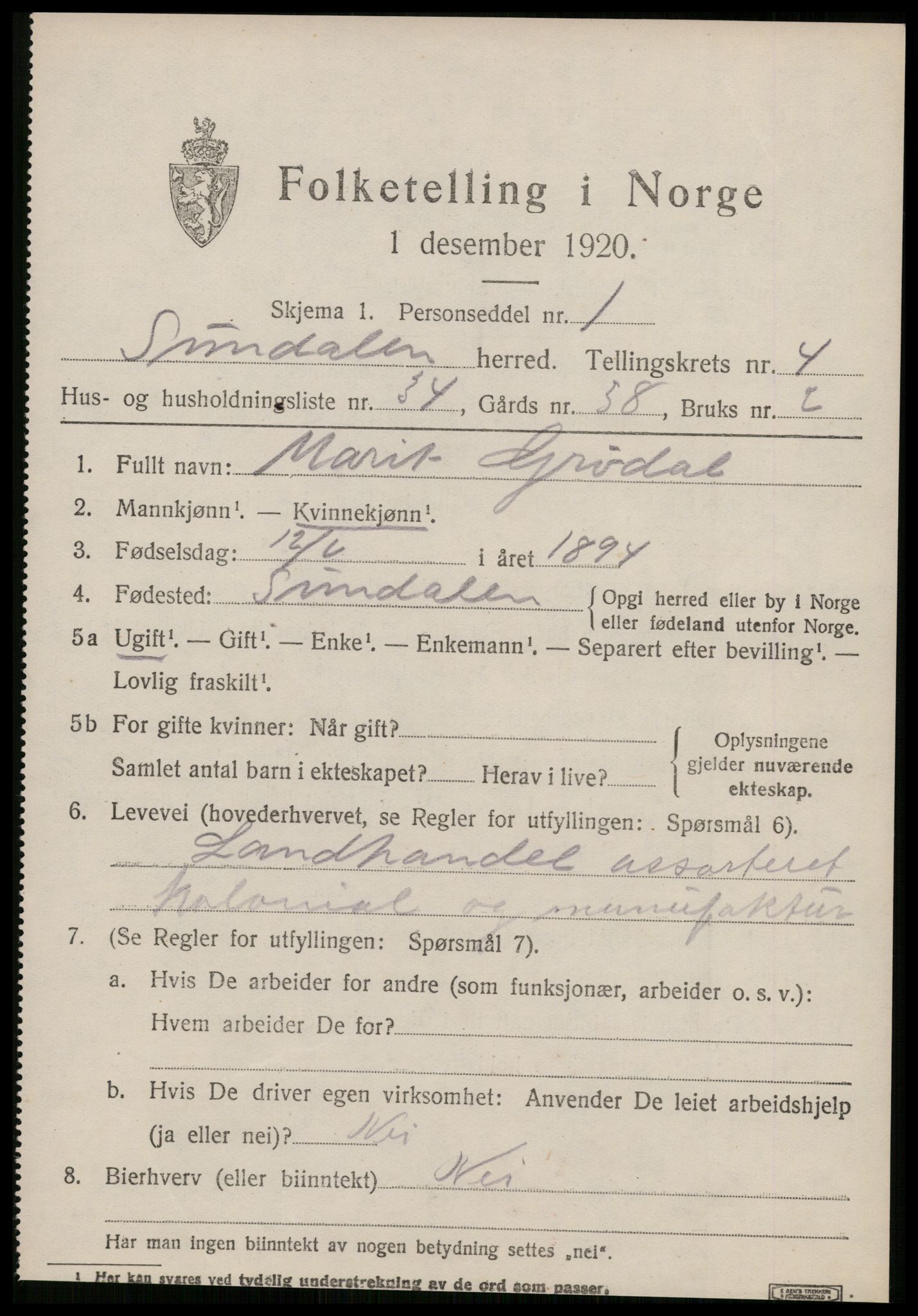 SAT, 1920 census for Sunndal, 1920, p. 2912