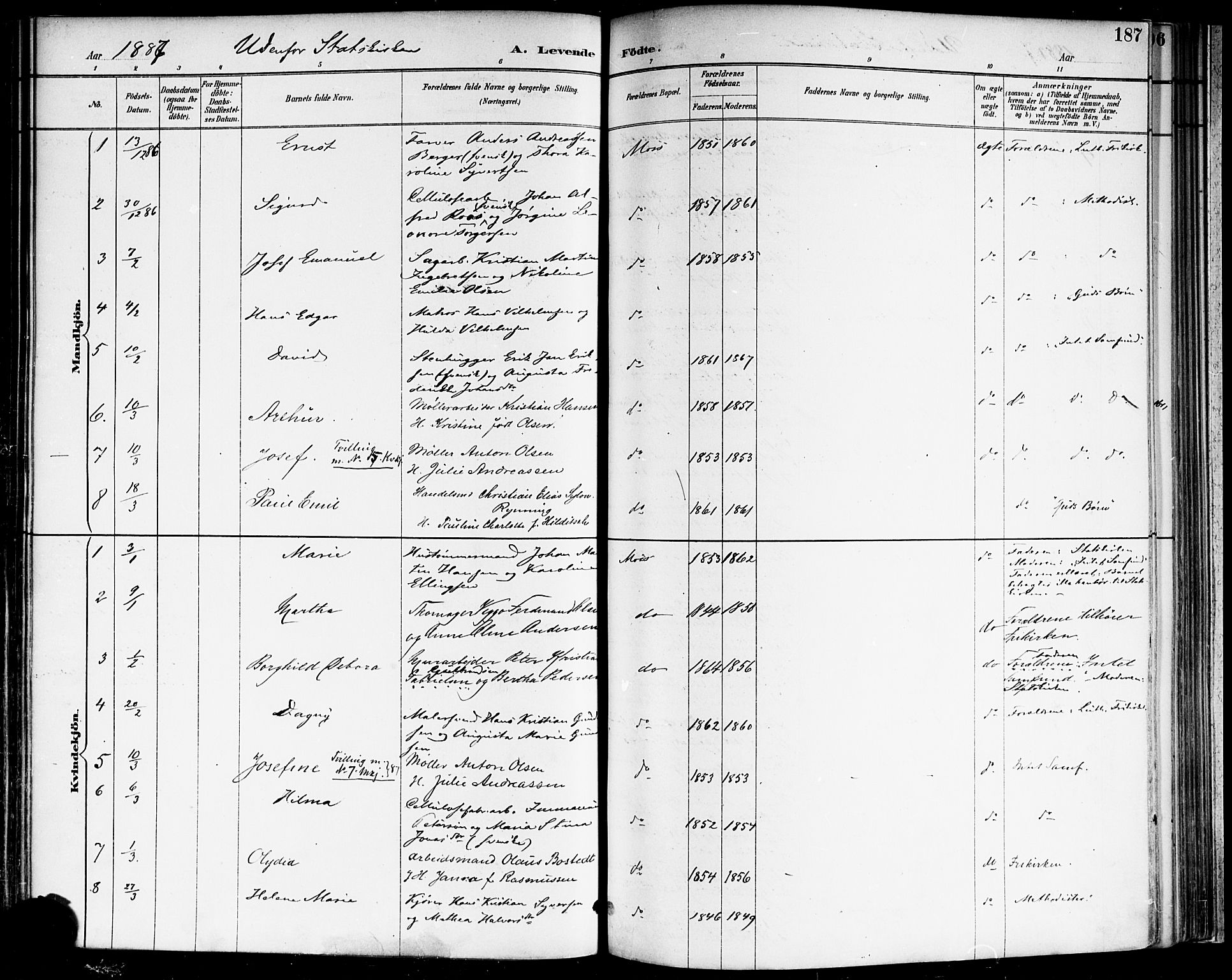Moss prestekontor Kirkebøker, SAO/A-2003/F/Fb/L0002a: Parish register (official) no. II 2A, 1887-1893, p. 187