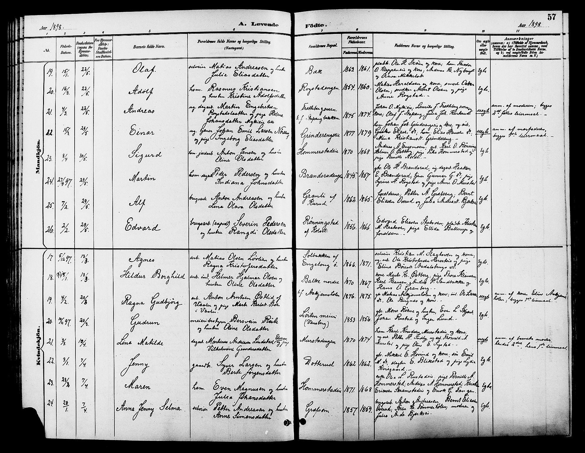 Løten prestekontor, AV/SAH-PREST-022/L/La/L0006: Parish register (copy) no. 6, 1892-1909, p. 57