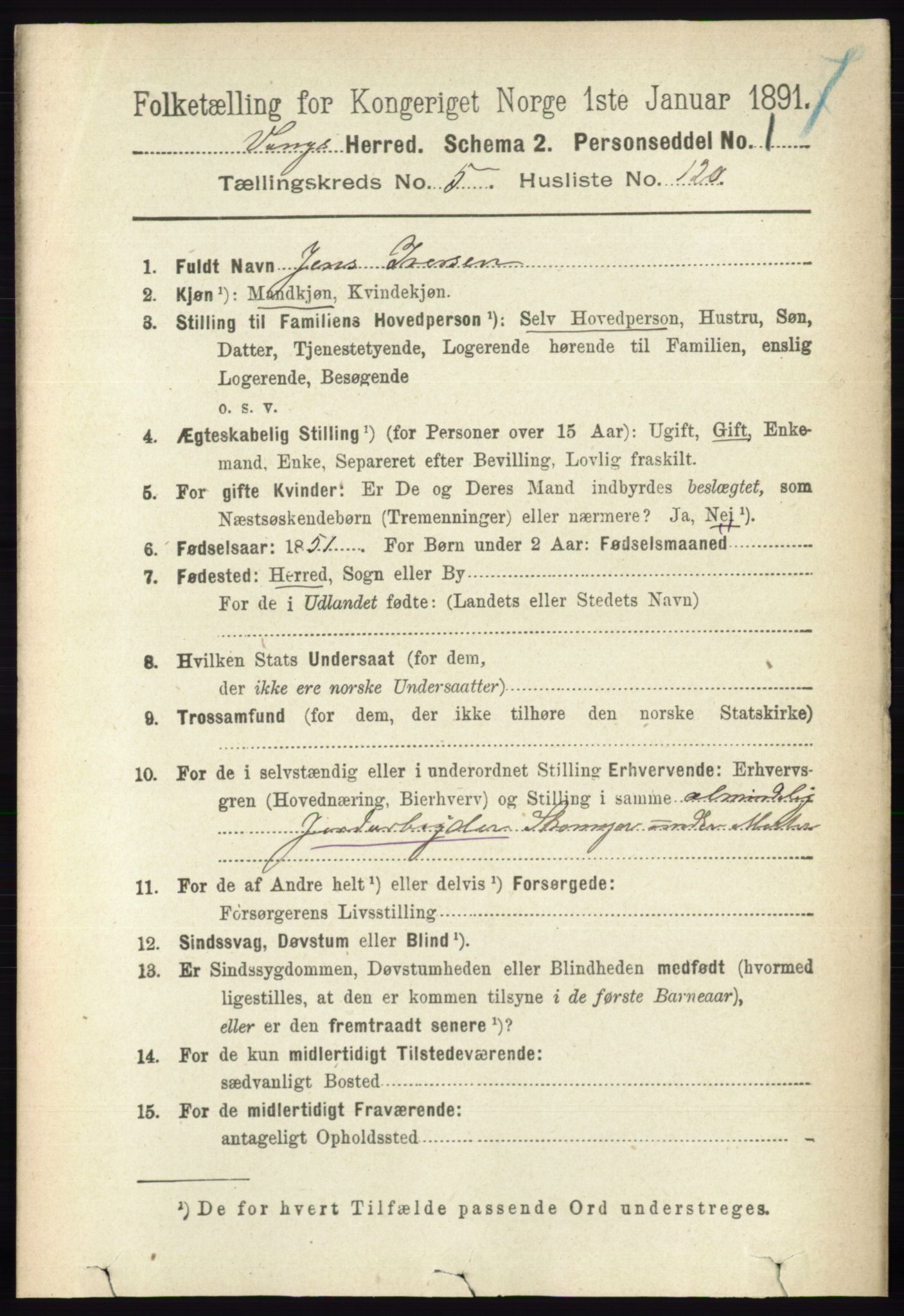 RA, 1891 census for 0414 Vang, 1891, p. 4151