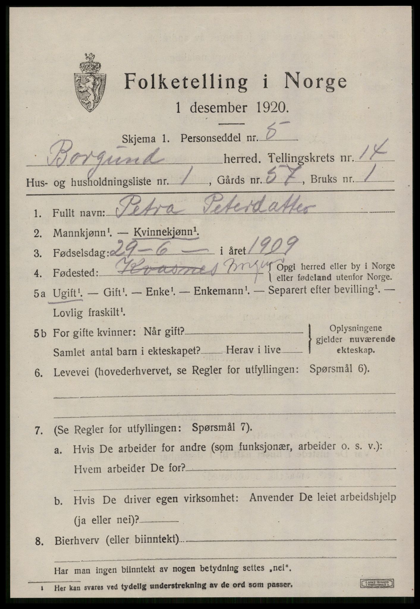 SAT, 1920 census for Borgund, 1920, p. 11074