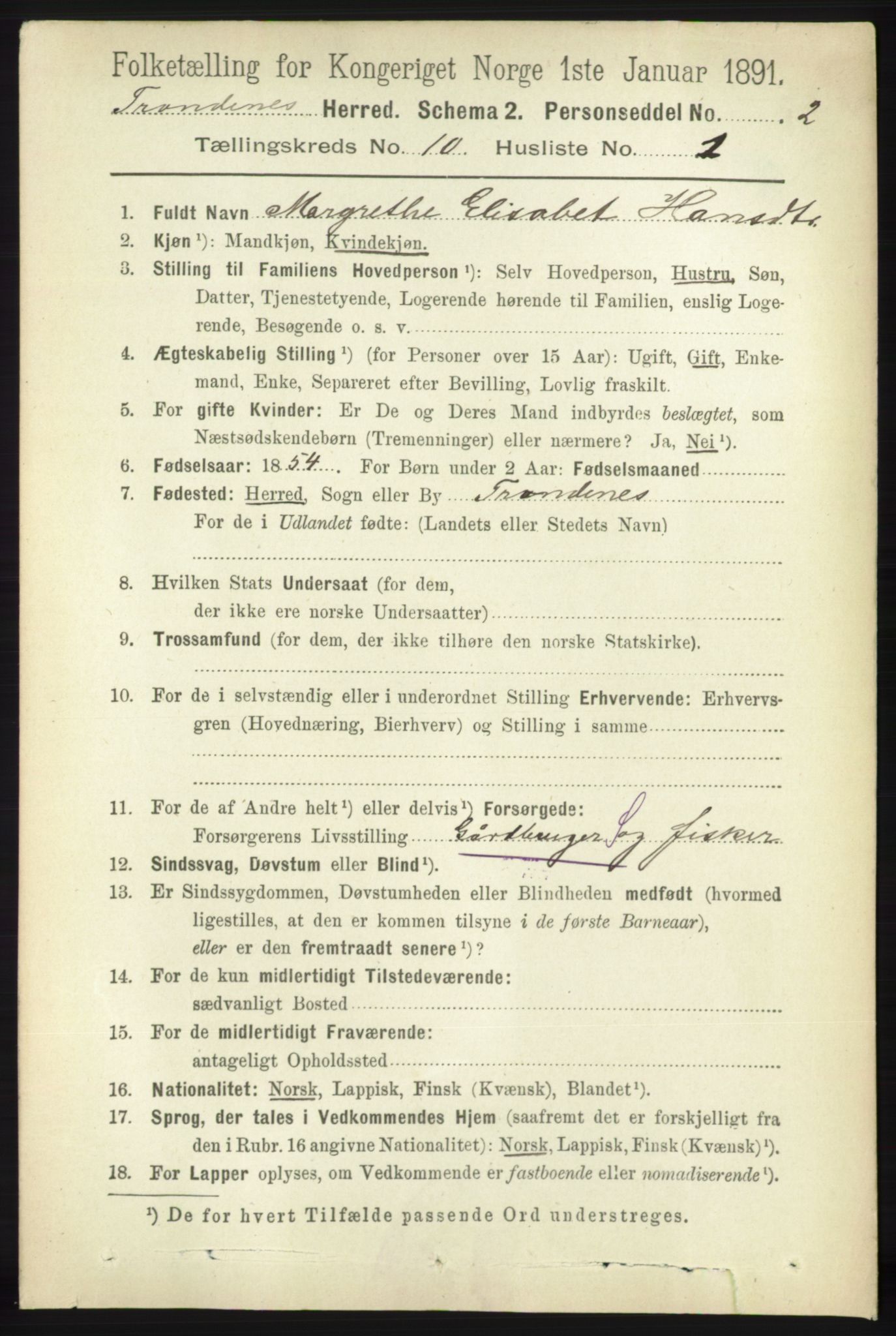 RA, 1891 census for 1914 Trondenes, 1891, p. 7500