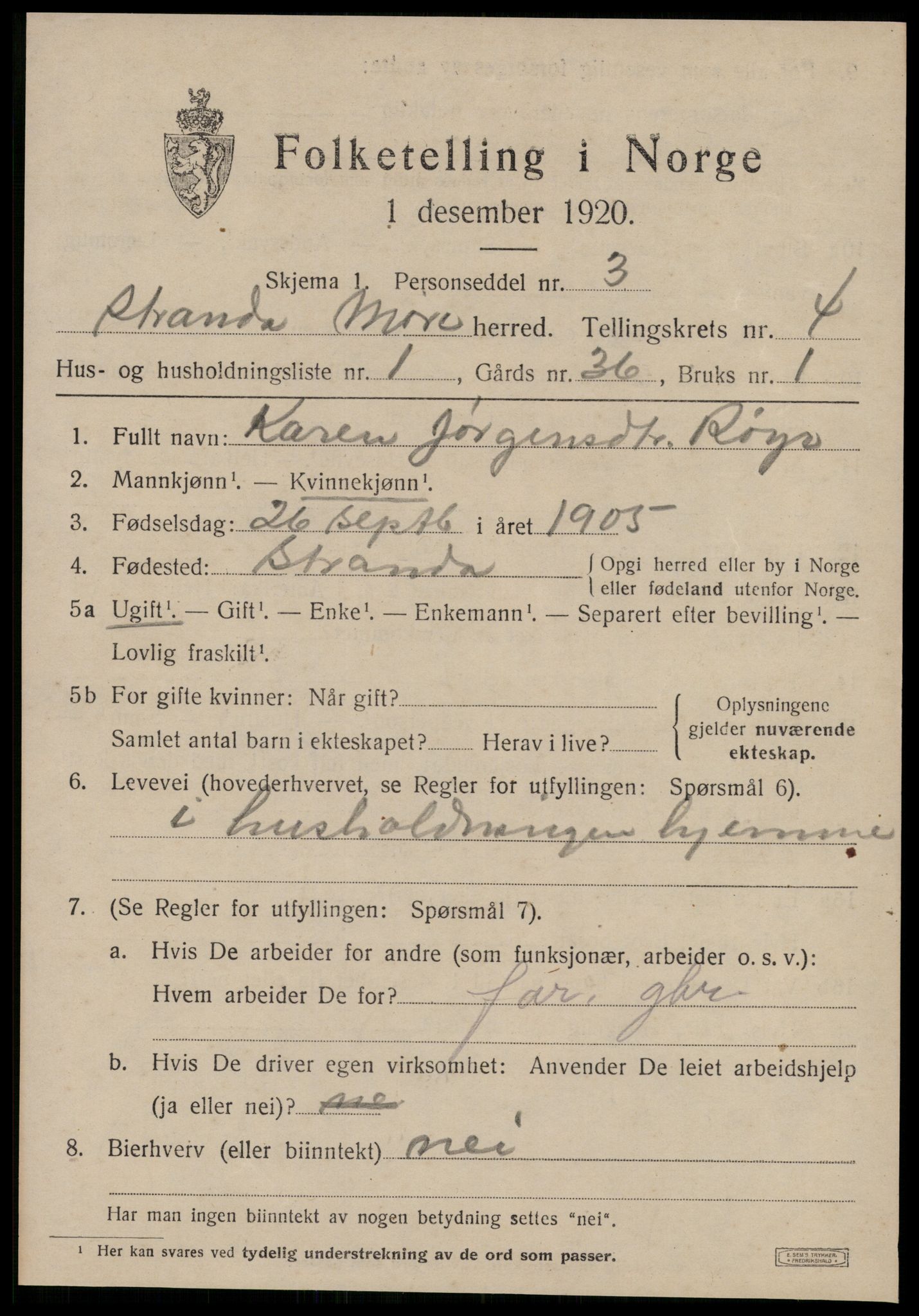SAT, 1920 census for Stranda, 1920, p. 2425