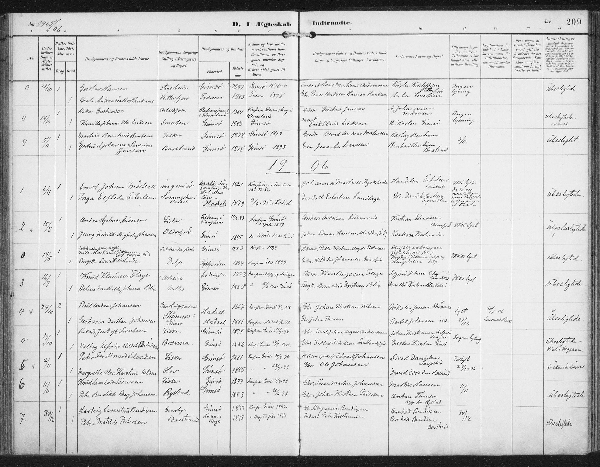 Ministerialprotokoller, klokkerbøker og fødselsregistre - Nordland, SAT/A-1459/876/L1098: Parish register (official) no. 876A04, 1896-1915, p. 209