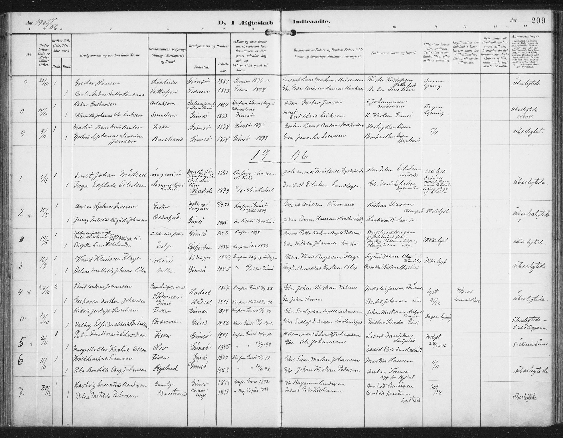 Ministerialprotokoller, klokkerbøker og fødselsregistre - Nordland, AV/SAT-A-1459/876/L1098: Parish register (official) no. 876A04, 1896-1915, p. 209