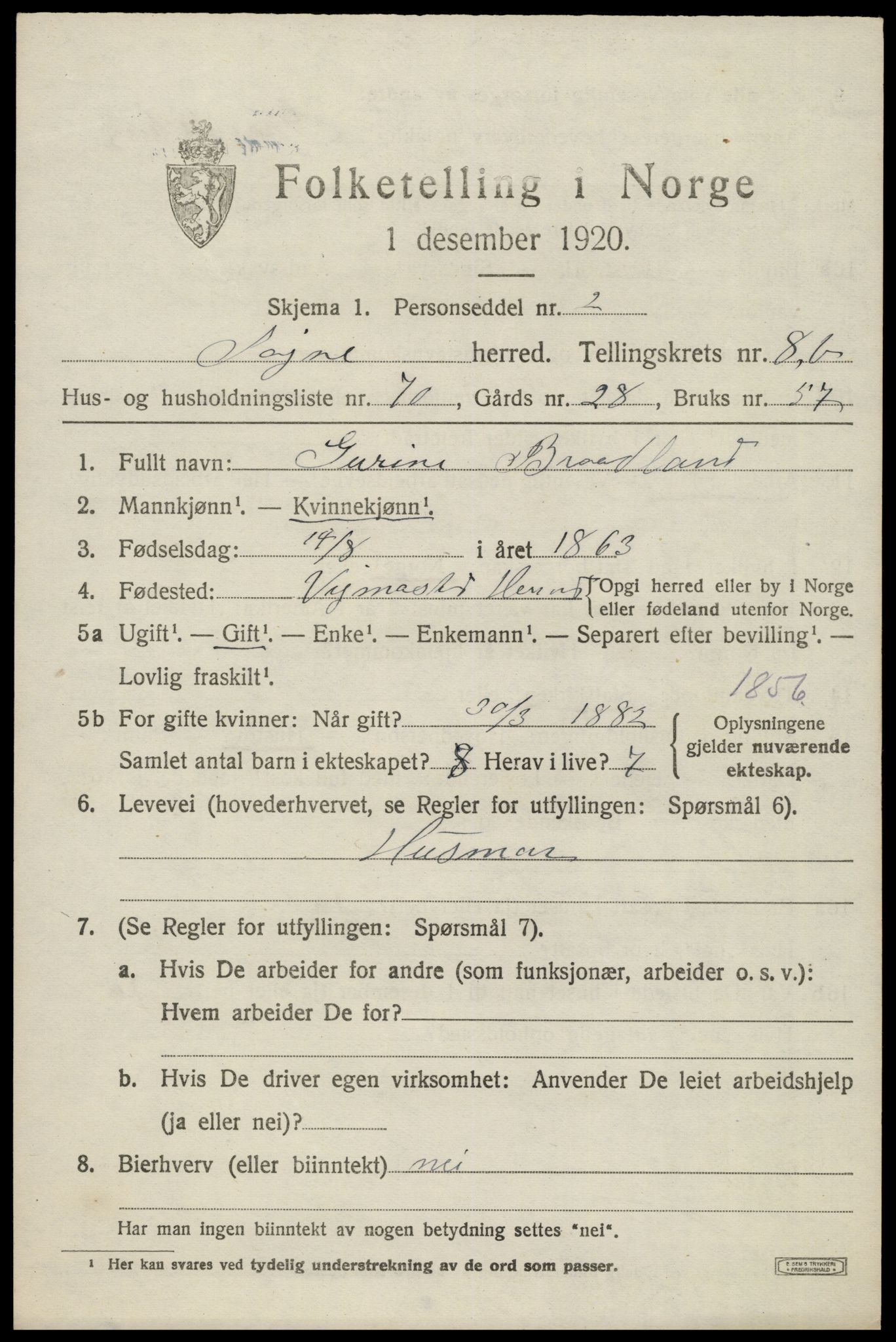 SAK, 1920 census for Søgne, 1920, p. 5279