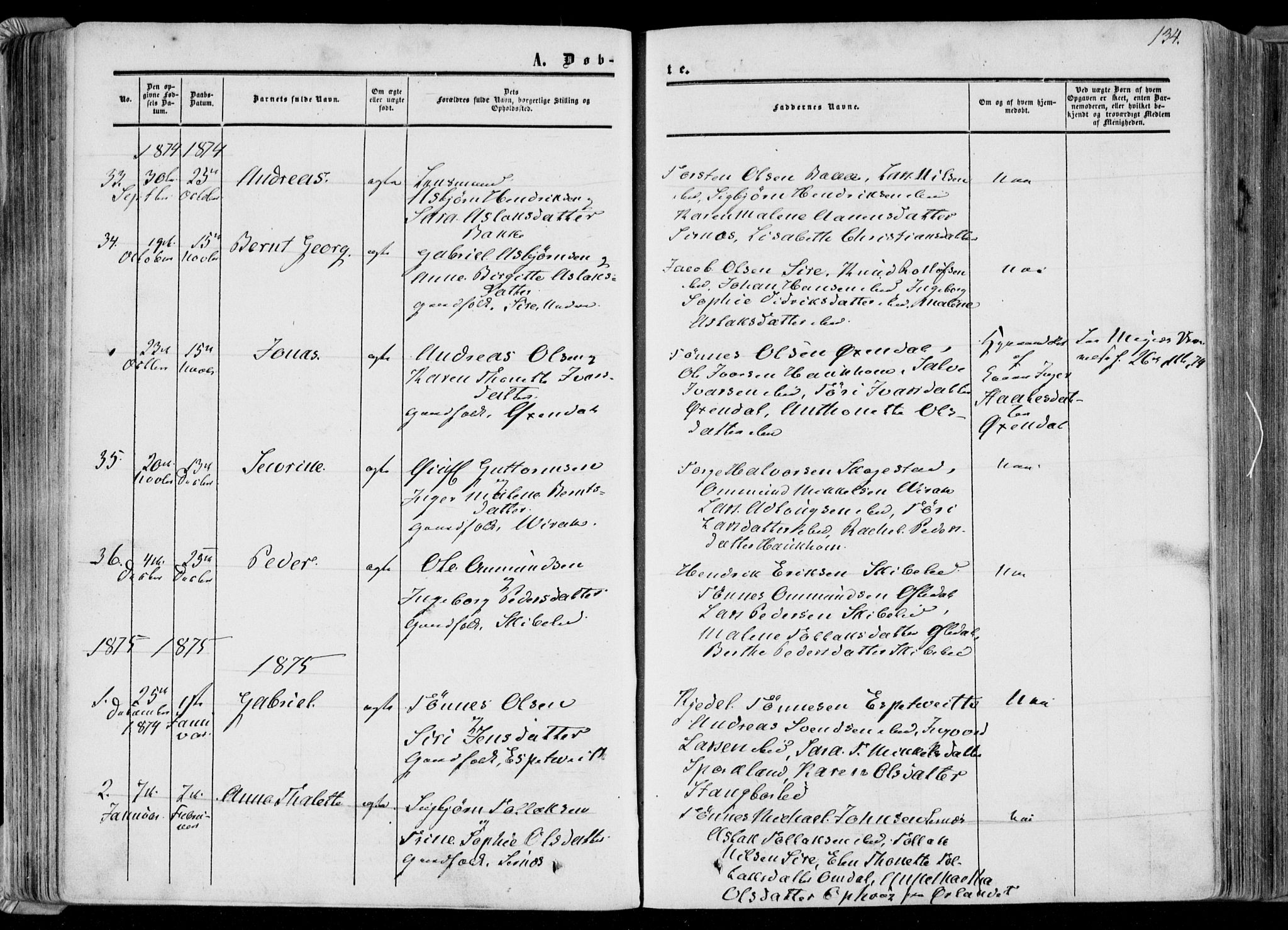 Bakke sokneprestkontor, SAK/1111-0002/F/Fa/Faa/L0006: Parish register (official) no. A 6, 1855-1877, p. 134