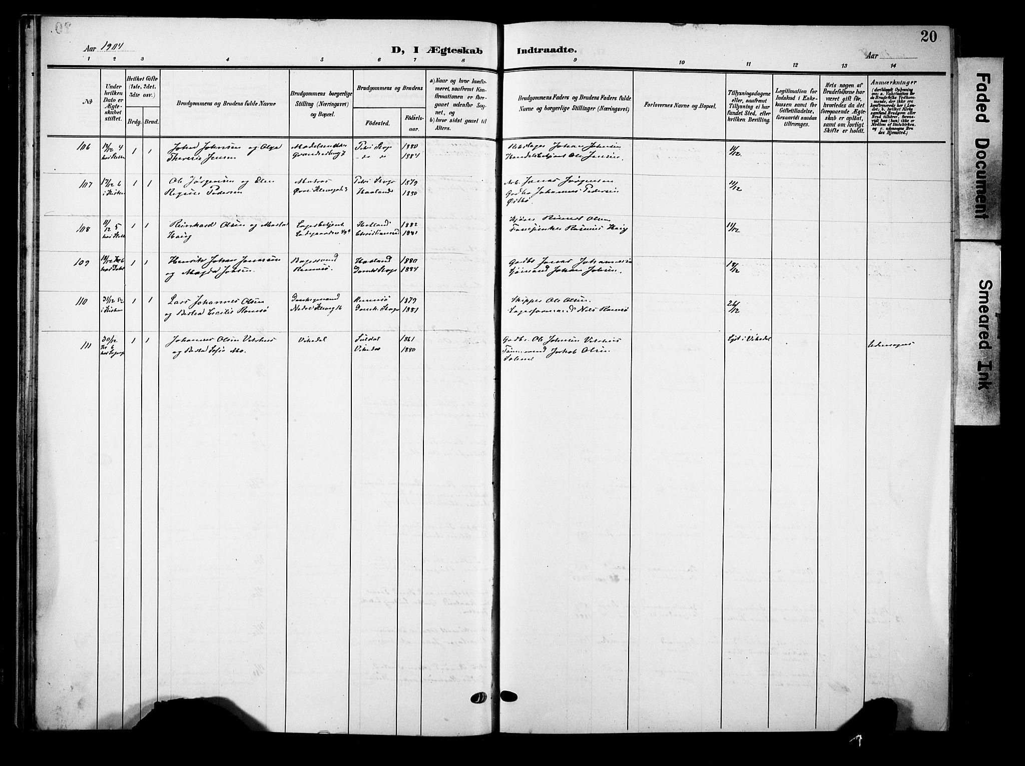 Domkirken sokneprestkontor, SAST/A-101812/001/30/30BB/L0017: Parish register (copy) no. B 17, 1902-1921, p. 20