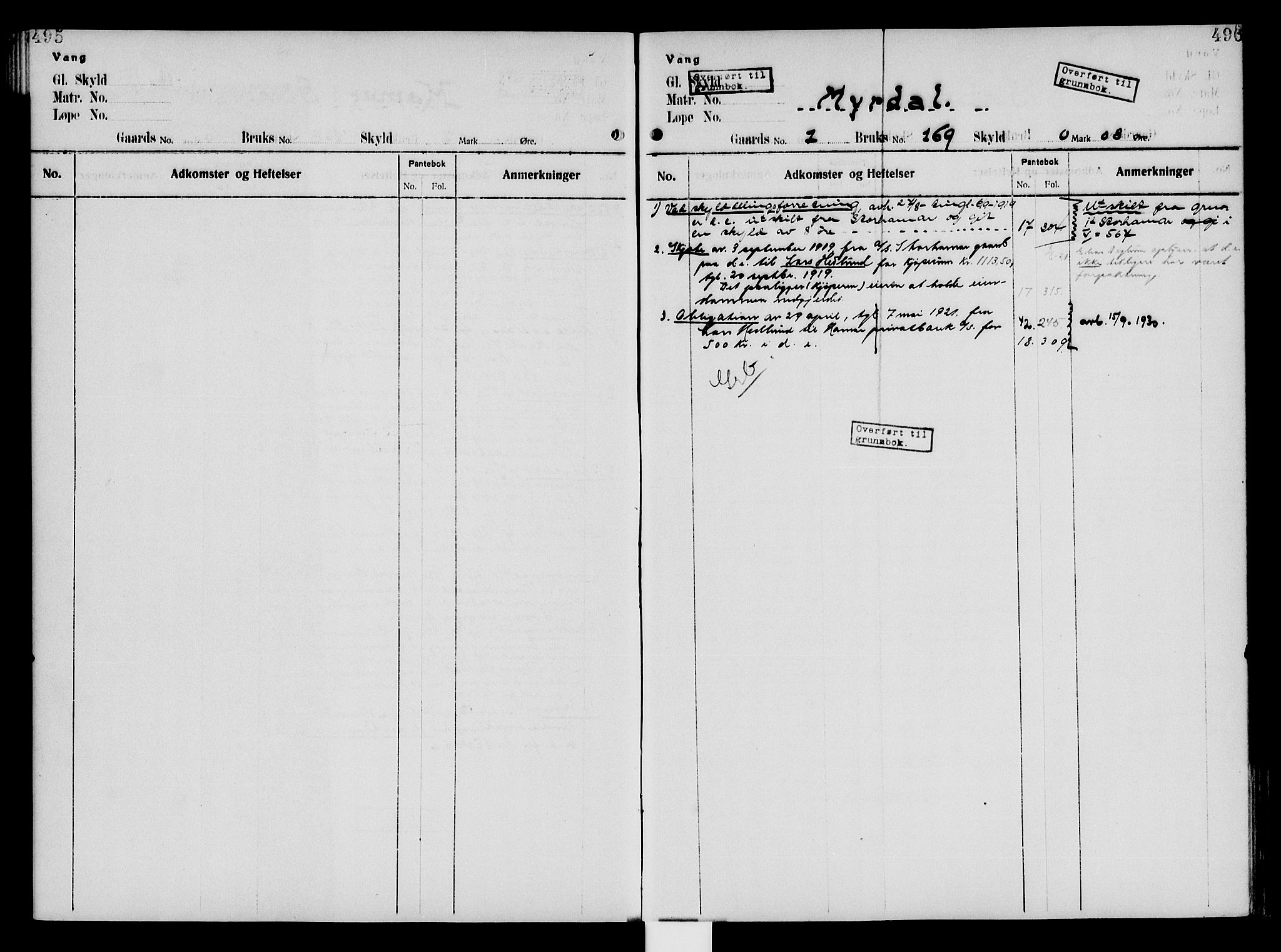 Nord-Hedmark sorenskriveri, SAH/TING-012/H/Ha/Had/Hade/L0005: Mortgage register no. 4.5, 1916-1940, p. 495-496