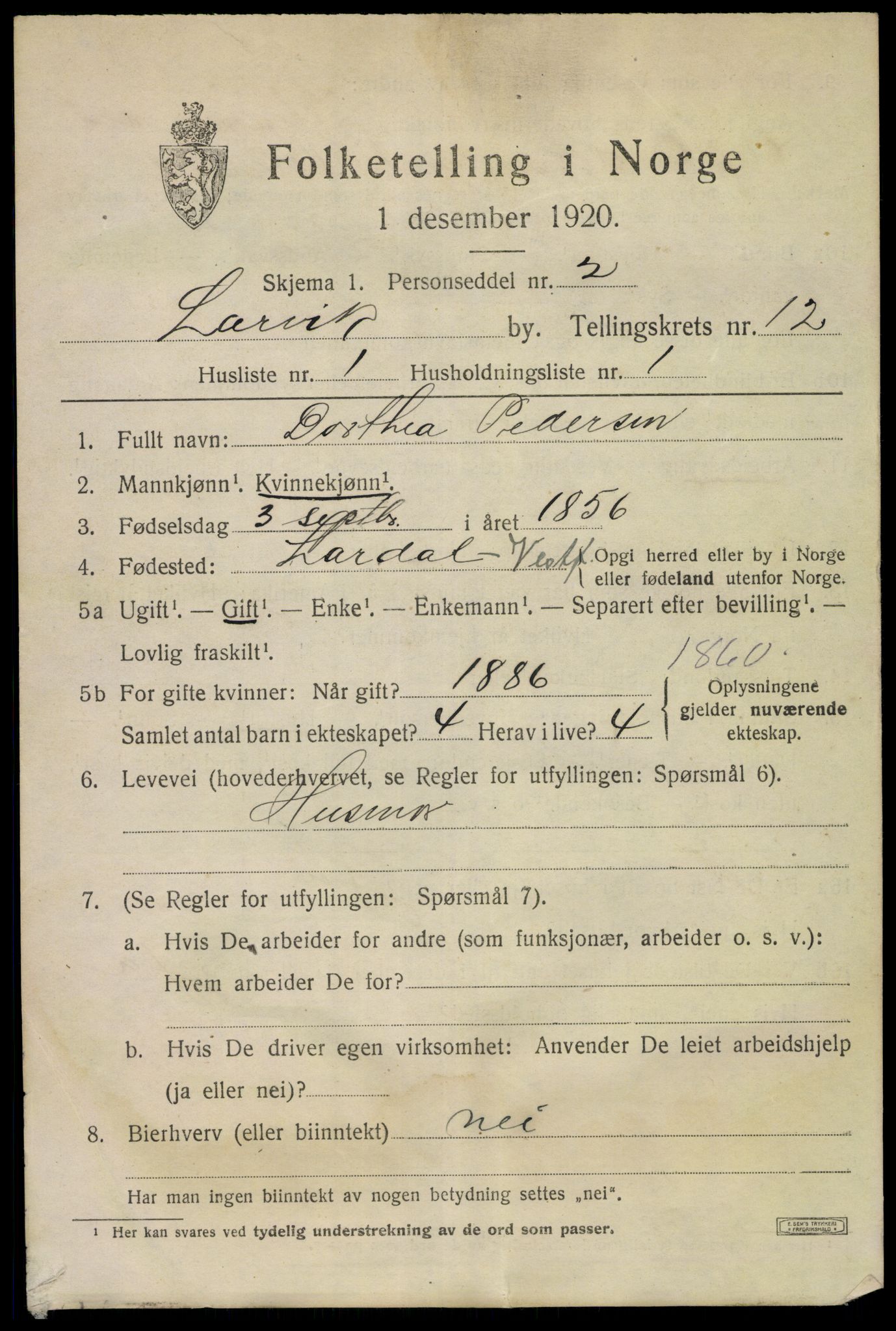 SAKO, 1920 census for Larvik, 1920, p. 30536